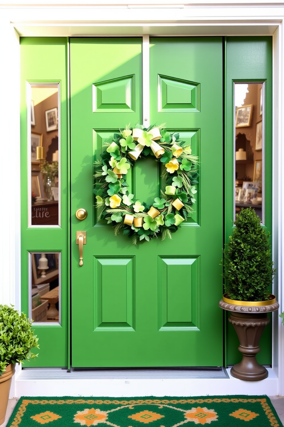 A burlap wreath adorned with vibrant shamrock accents welcomes guests at the front door. The natural texture of the burlap beautifully contrasts with the festive green, creating a charming St. Patrick's Day decor.