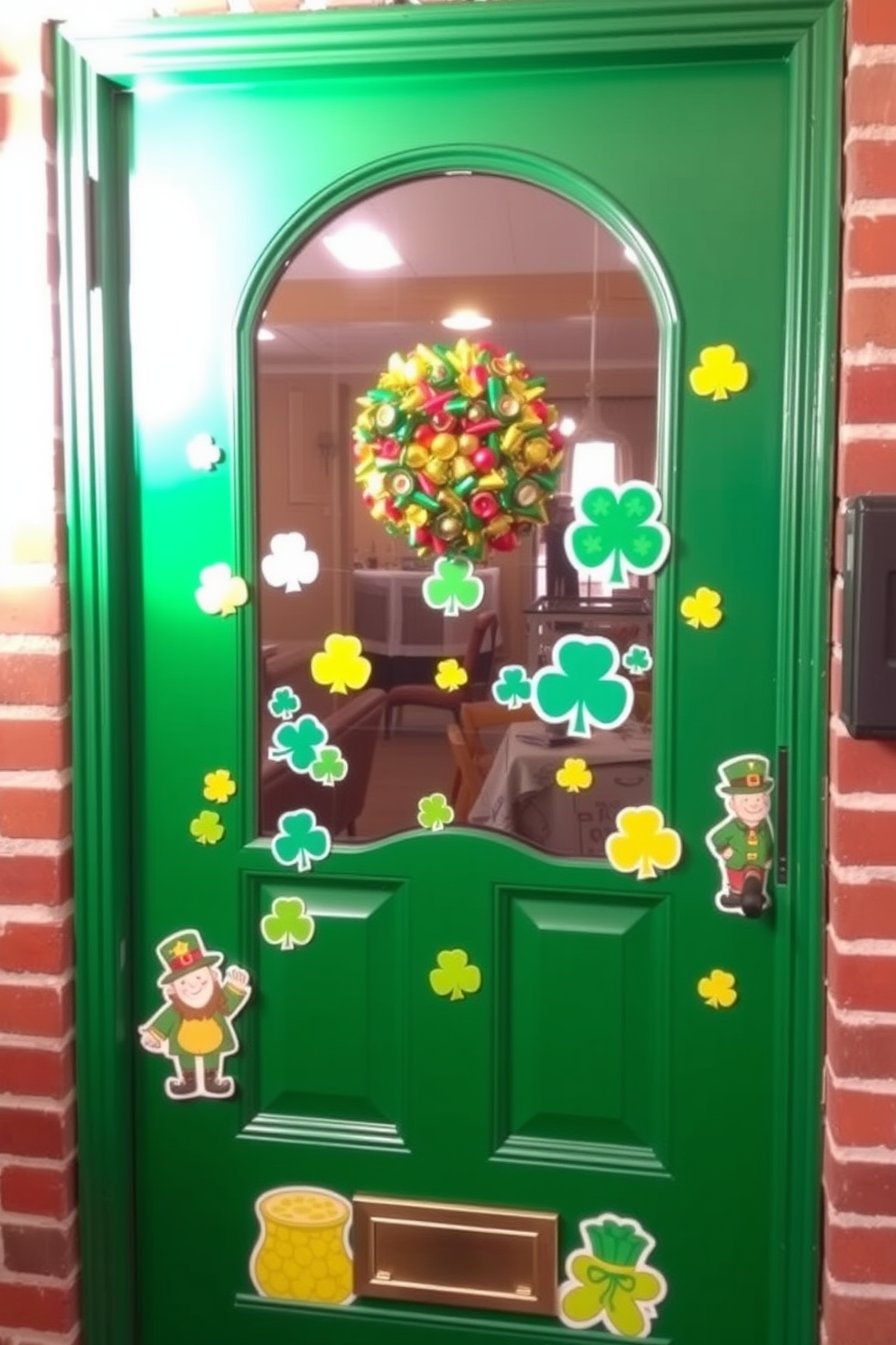 A charming front door adorned with St. Patrick's Day themed stickers featuring shamrocks and leprechauns. The vibrant green and gold colors create a festive atmosphere, inviting guests to celebrate the holiday.