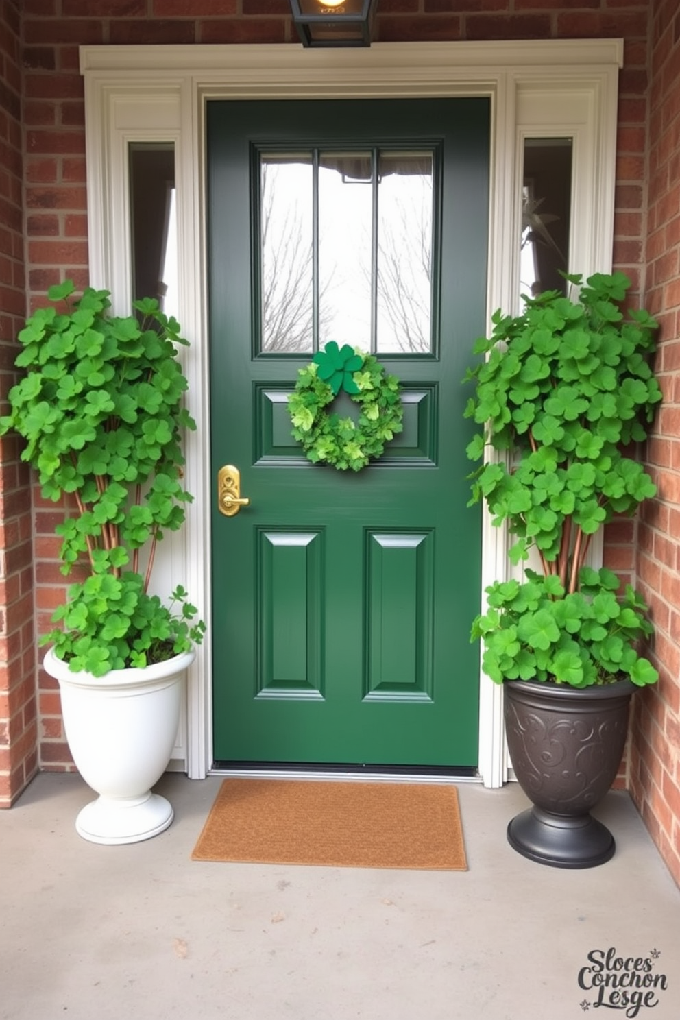 A charming entrance adorned with the Irish flag prominently displayed near the front door. The space is decorated with festive St. Patrick's Day elements, including green garlands and cheerful shamrock accents.