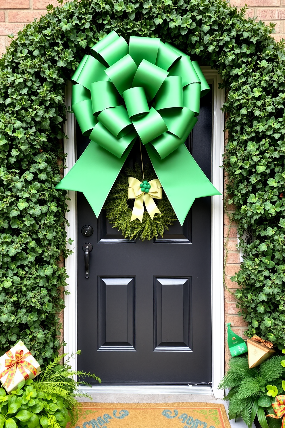 A charming front door adorned with vintage St. Patrick's Day postcards creates a festive atmosphere. The postcards are artfully arranged, showcasing vibrant greens and golds, inviting guests to celebrate the holiday. A decorative wreath made of shamrocks and twine complements the postcards. Green and white striped ribbons hang from the door handle, adding a playful touch to the overall decor.