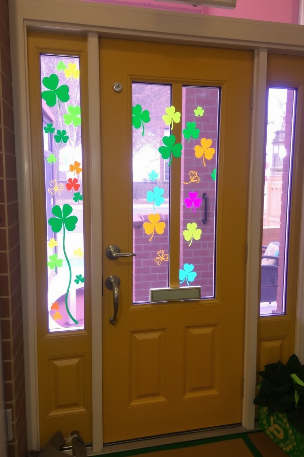 A vibrant front door adorned with colorful shamrock window clings creates a festive atmosphere for St. Patrick's Day. The bright green and gold accents complement the seasonal theme, inviting guests to celebrate the holiday.