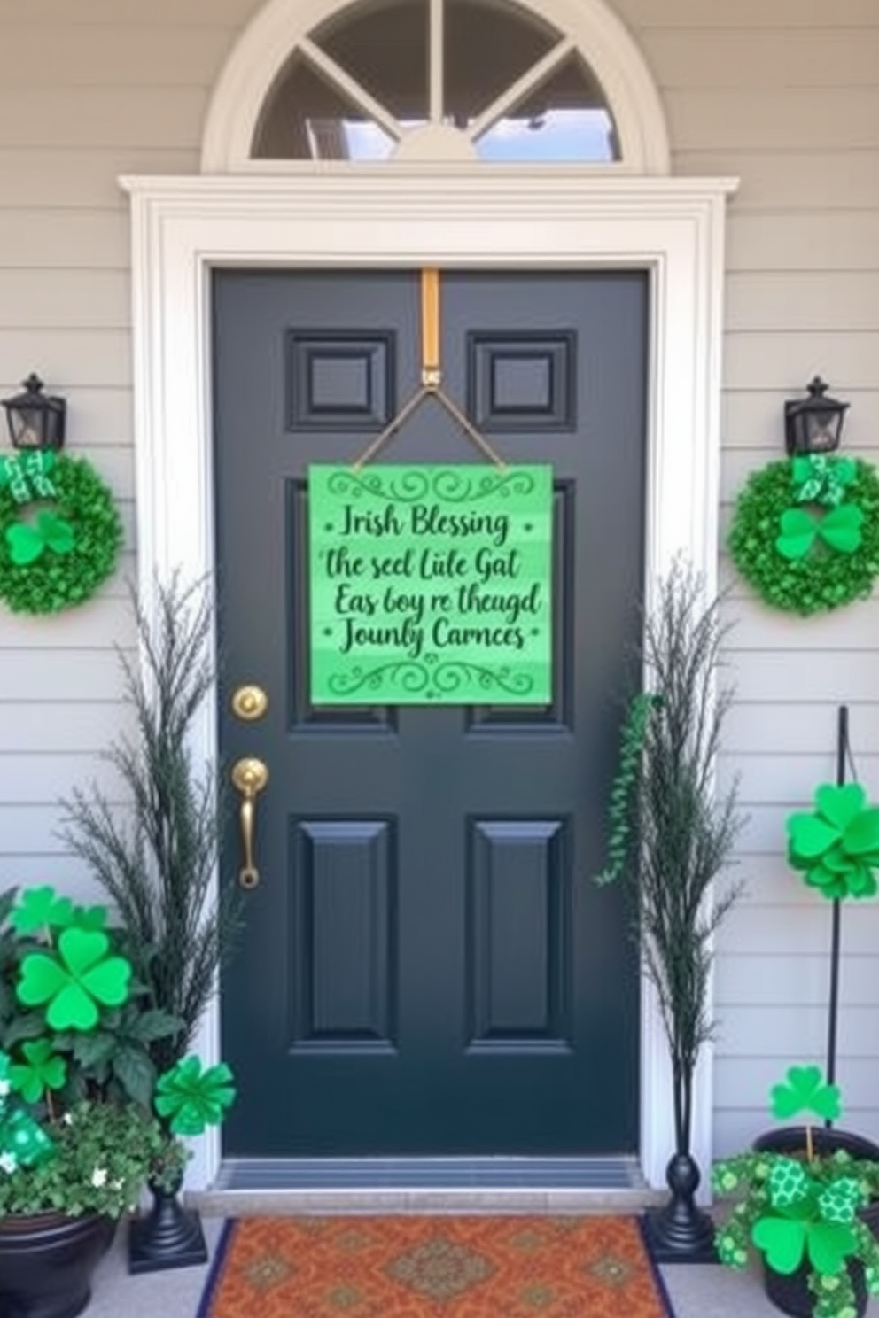 A charming front door adorned with a beautifully crafted Irish blessing sign welcomes guests. Surrounding the door, festive St. Patrick's Day decorations include vibrant green wreaths and playful shamrock accents.