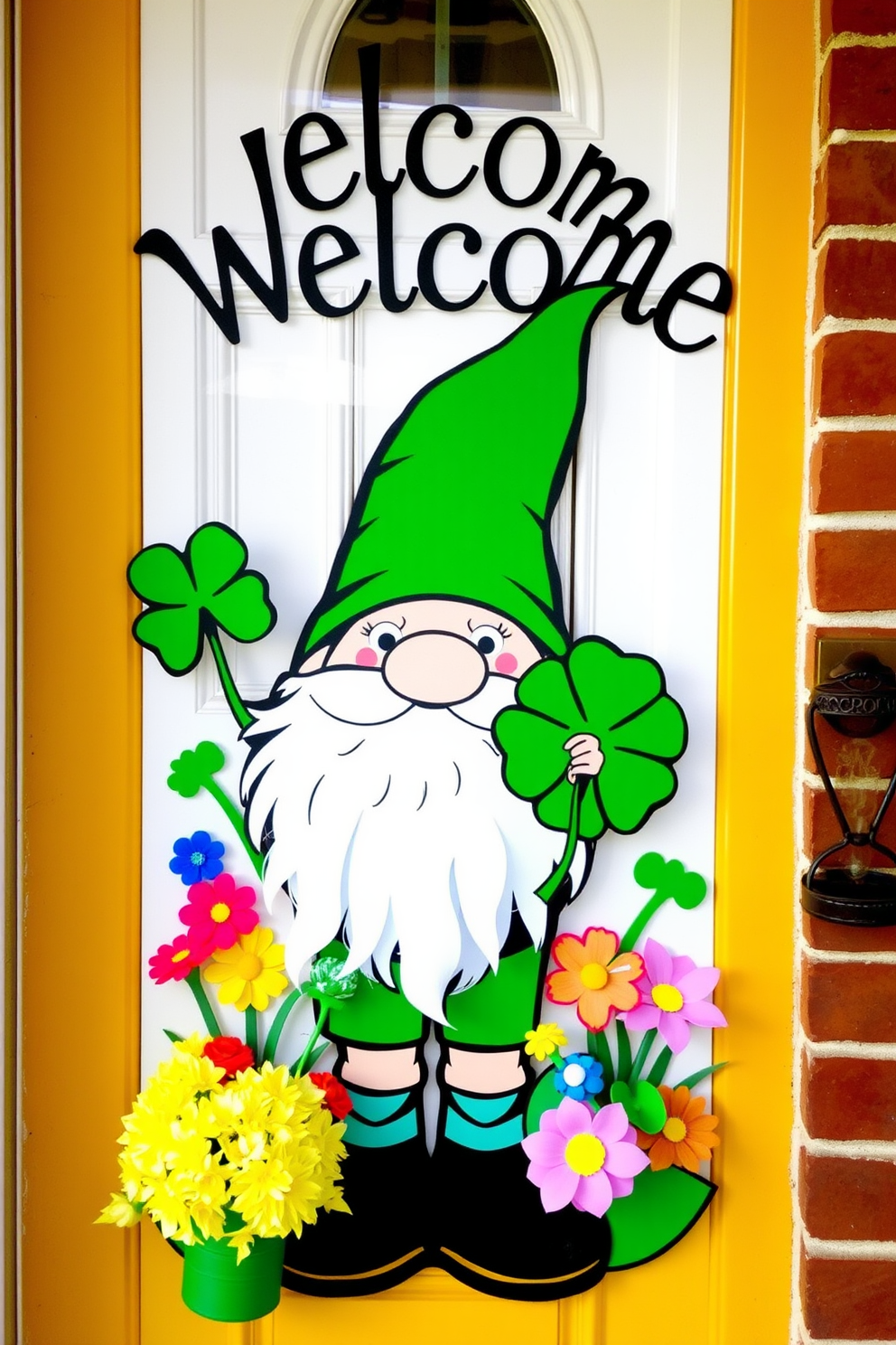 A cheerful gnome door decoration welcomes guests with a playful design featuring a smiling gnome wearing a green hat and holding a shamrock. The gnome is surrounded by colorful flowers and festive St. Patrick's Day elements, creating a vibrant and inviting atmosphere for the front door.