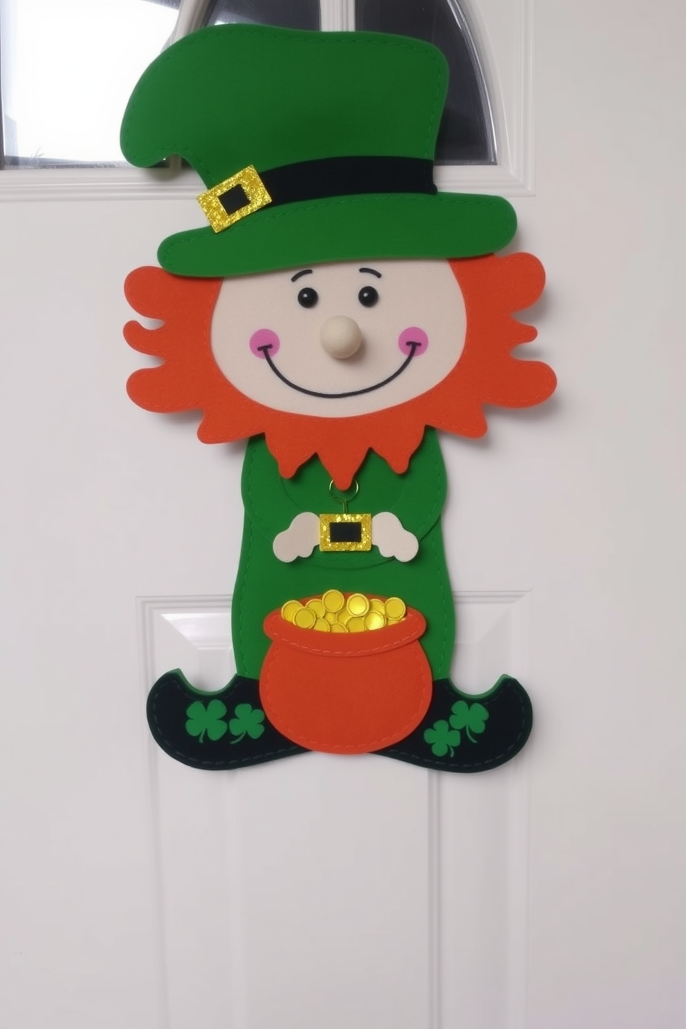 A charming leprechaun door hanger decoration greets guests at the front door. This festive piece features a whimsical leprechaun with a green hat and a pot of gold, perfect for St. Patrick's Day celebrations.