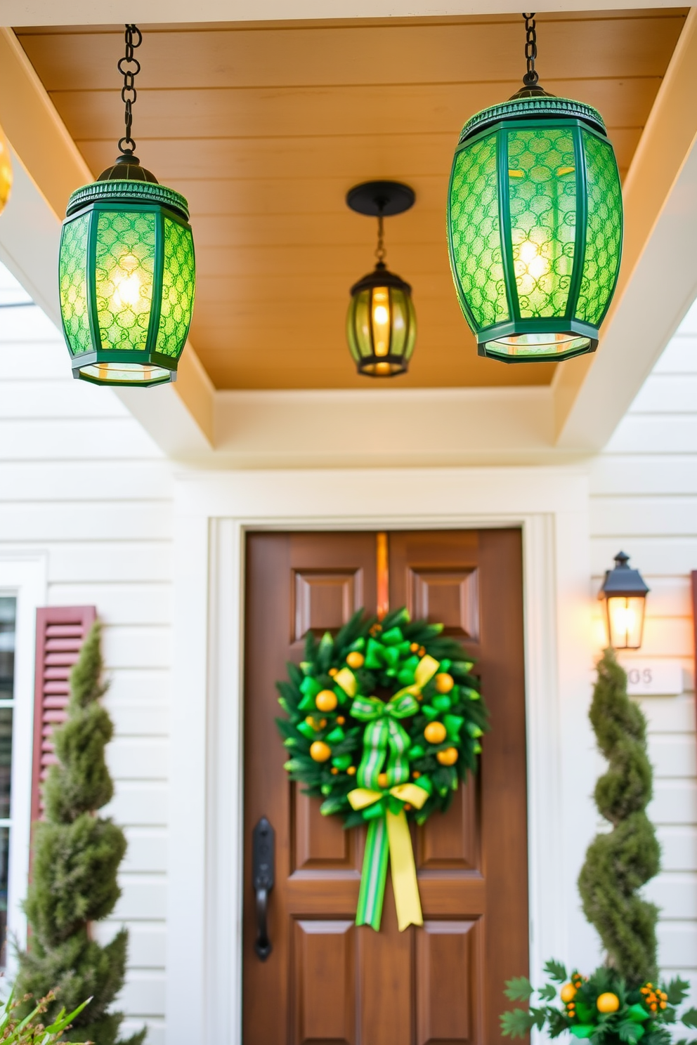 Decorative green lanterns hang from the ceiling of a charming porch, casting a warm glow over the space. The front door is adorned with a festive St. Patrick's Day wreath, featuring vibrant green and gold accents that welcome guests with holiday cheer.