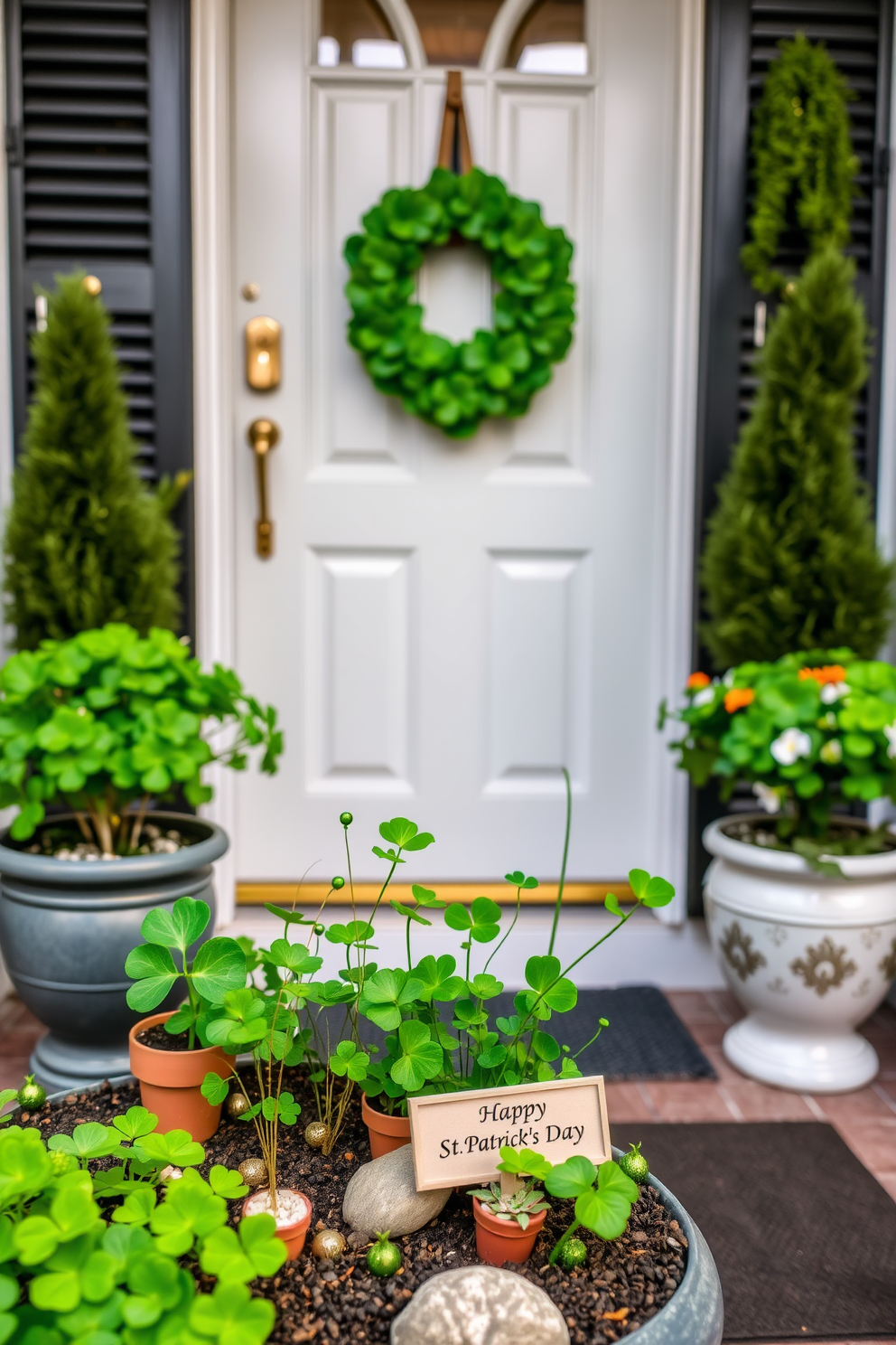 A charming porch adorned for St. Patrick's Day features a pot of gold centerpiece overflowing with shiny gold coins and vibrant green shamrocks. Flanking the front door, whimsical decorations such as green garlands and festive wreaths create a welcoming atmosphere for guests.