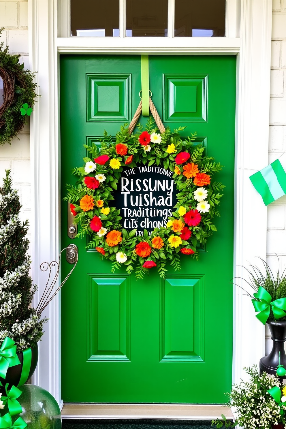 A charming DIY St Patrick's Day door cover welcomes guests with a vibrant green background adorned with shamrocks and gold accents. A playful leprechaun figure peeks from the side, adding a whimsical touch to your front door. For St Patricks Day decorating ideas, consider hanging a festive wreath made of green foliage and ribbons. Complement it with a cheerful sign that reads 