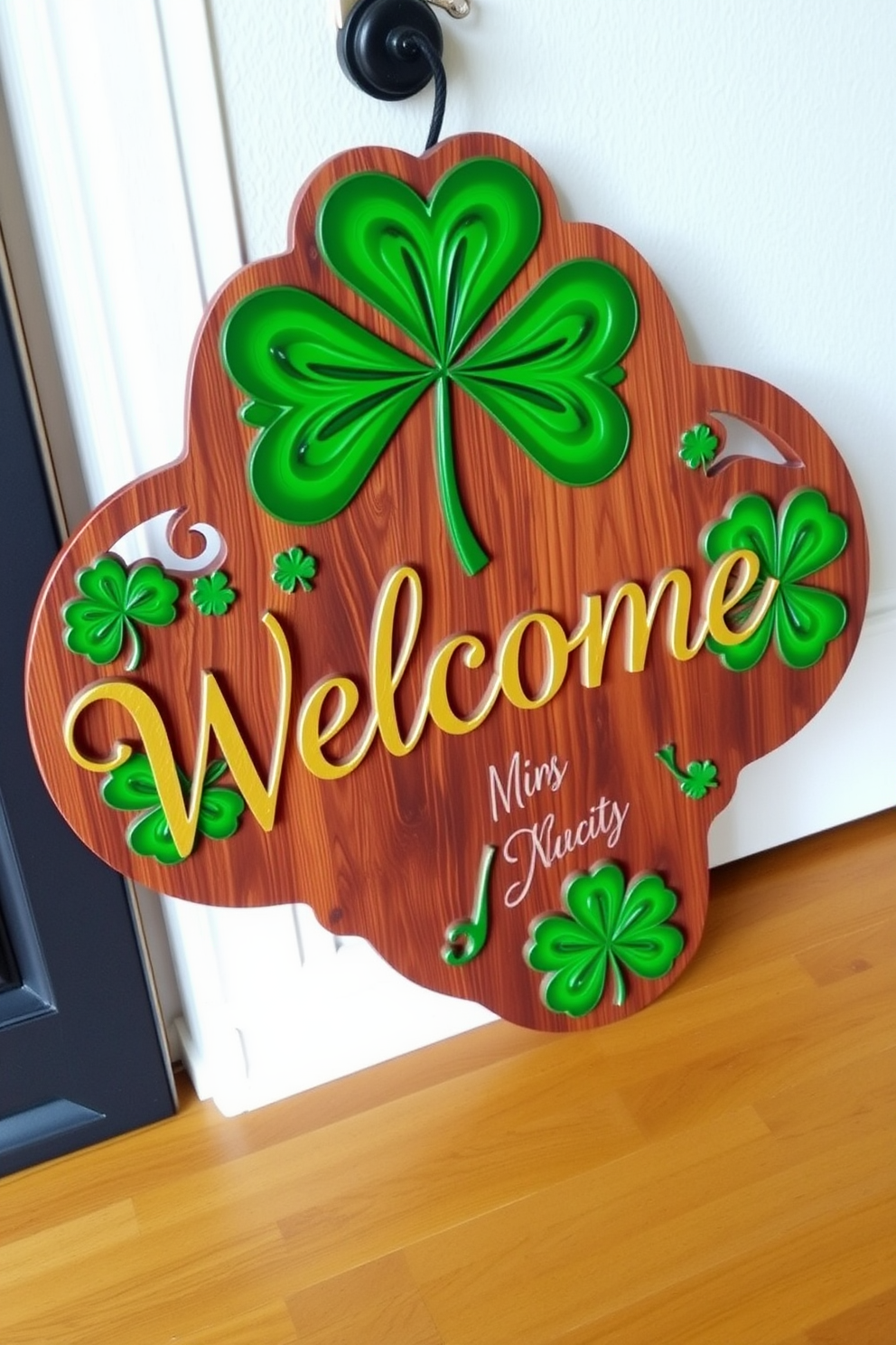 Welcome sign featuring intricate clover motifs in vibrant green hues. The sign is elegantly crafted from wood, adorned with gold lettering that reads Welcome, perfect for enhancing the front door during St. Patrick's Day celebrations.