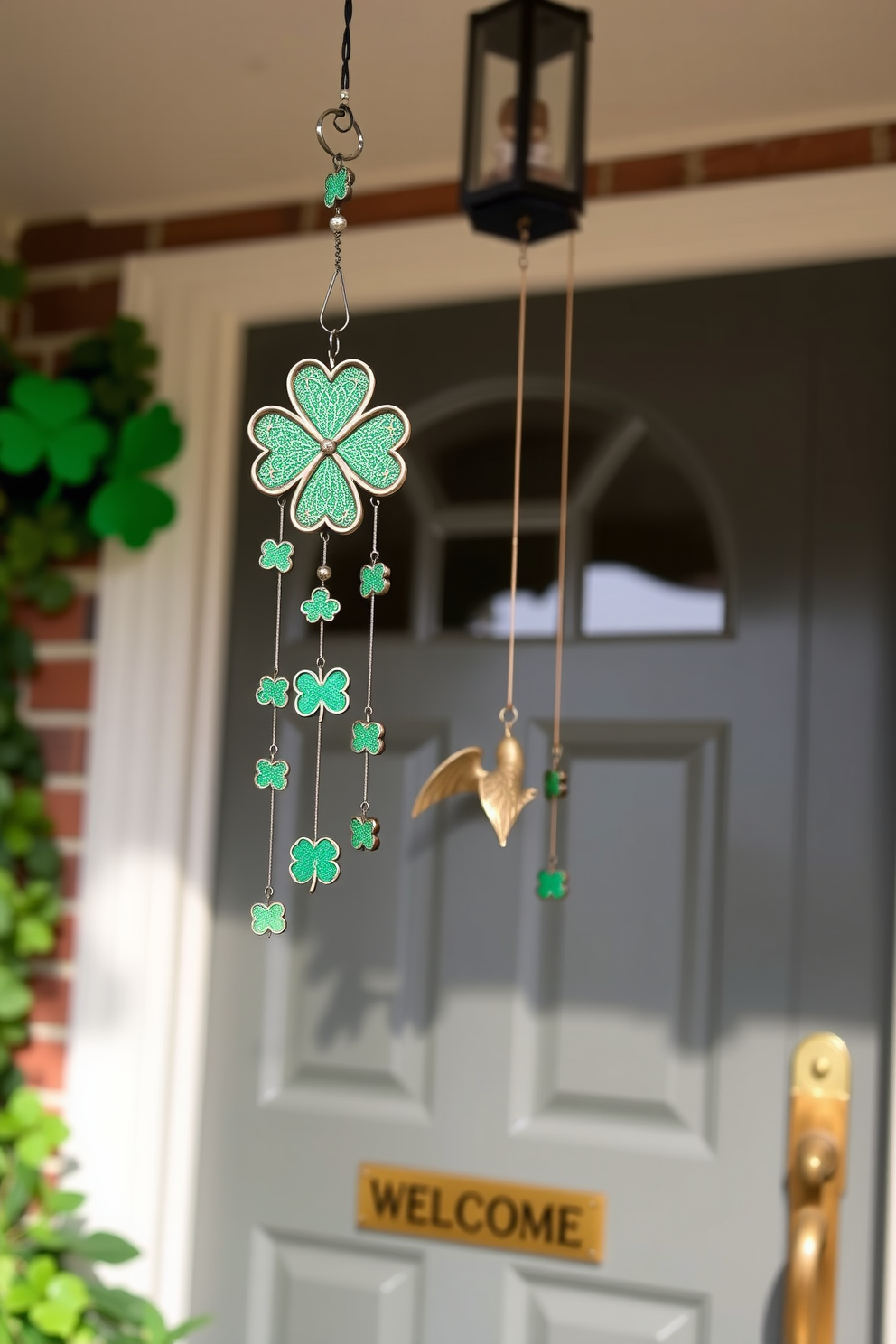 A charming front door adorned with hanging Irish themed wind chimes creates a warm welcome. The wind chimes feature intricate designs of shamrocks and leprechauns, gently swaying in the breeze to celebrate St. Patrick's Day.