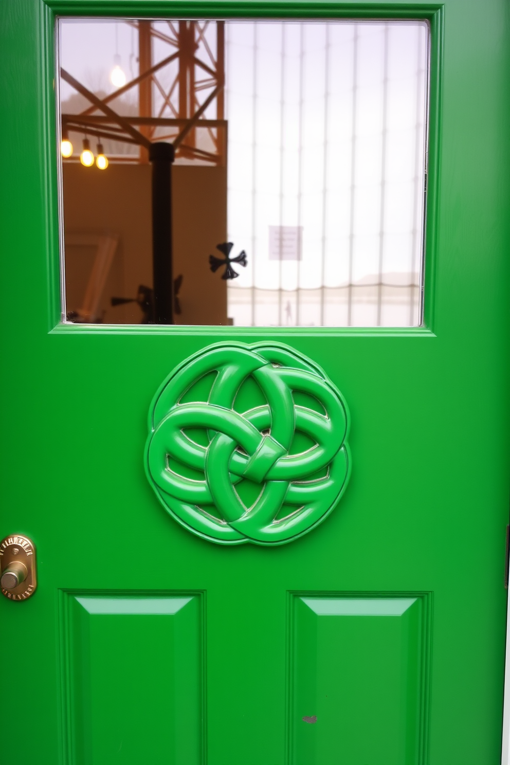 A charming front door adorned with a Celtic knot decoration. The vibrant green hues celebrate St. Patrick's Day, creating a festive and welcoming atmosphere.