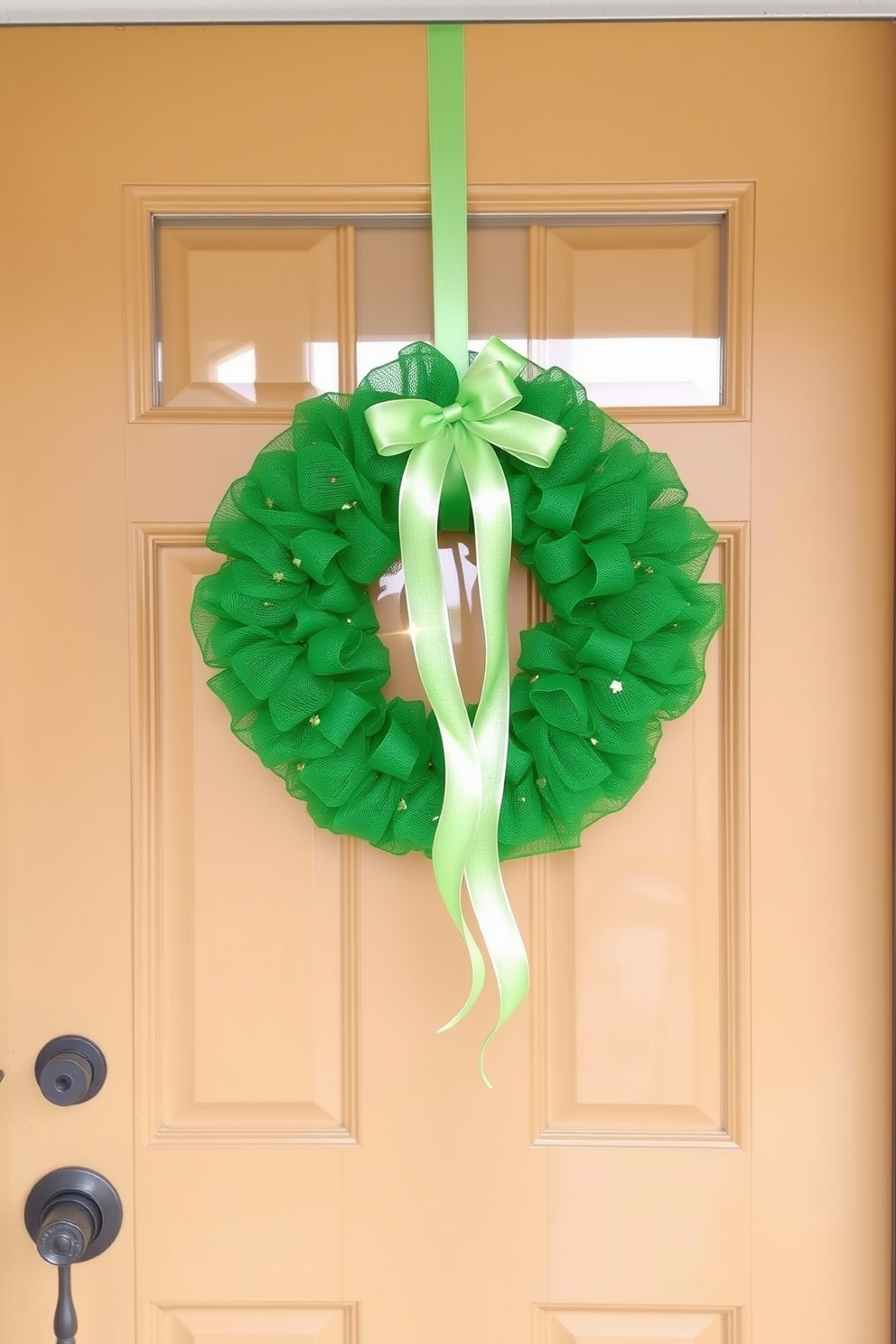 A vibrant green mesh wreath adorned with delicate ribbons hangs prominently on the front door. The wreath is decorated with small shamrocks and touches of gold, creating a festive welcome for St. Patrick's Day.