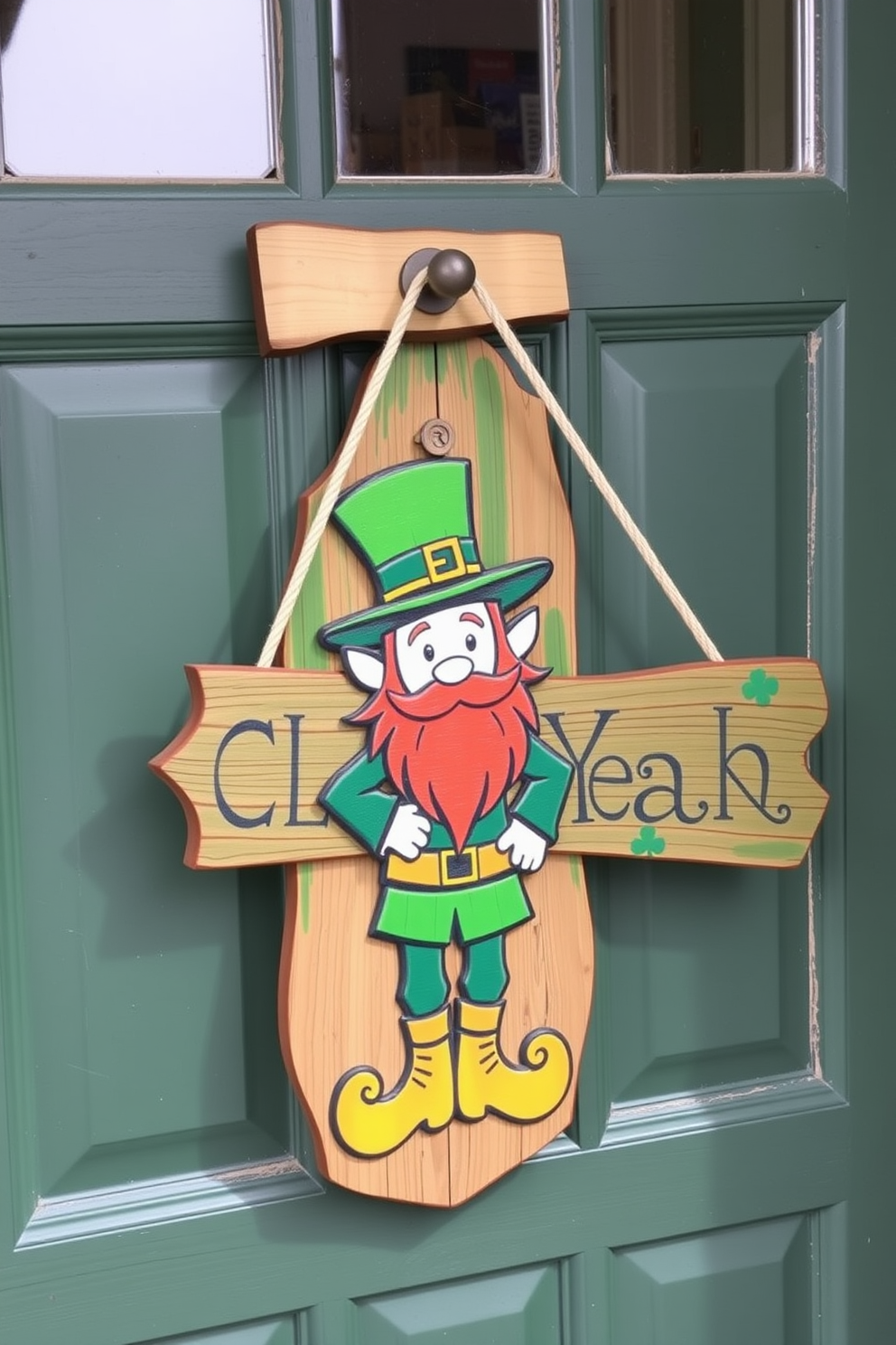 A charming front door adorned with a hanging Irish quote banner that captures the spirit of St. Patrick's Day. The door is painted a deep emerald green, and surrounding it are vibrant potted plants with colorful flowers to enhance the festive atmosphere.