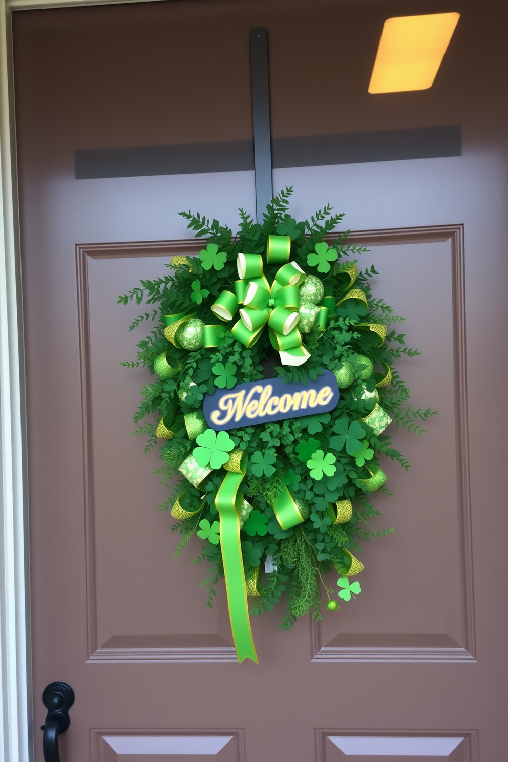 A festive St. Patrick's Day themed door swag adorns the front door, featuring lush greenery intertwined with vibrant green and gold accents. The swag is embellished with shamrocks and a cheerful welcome sign, creating an inviting atmosphere for guests.