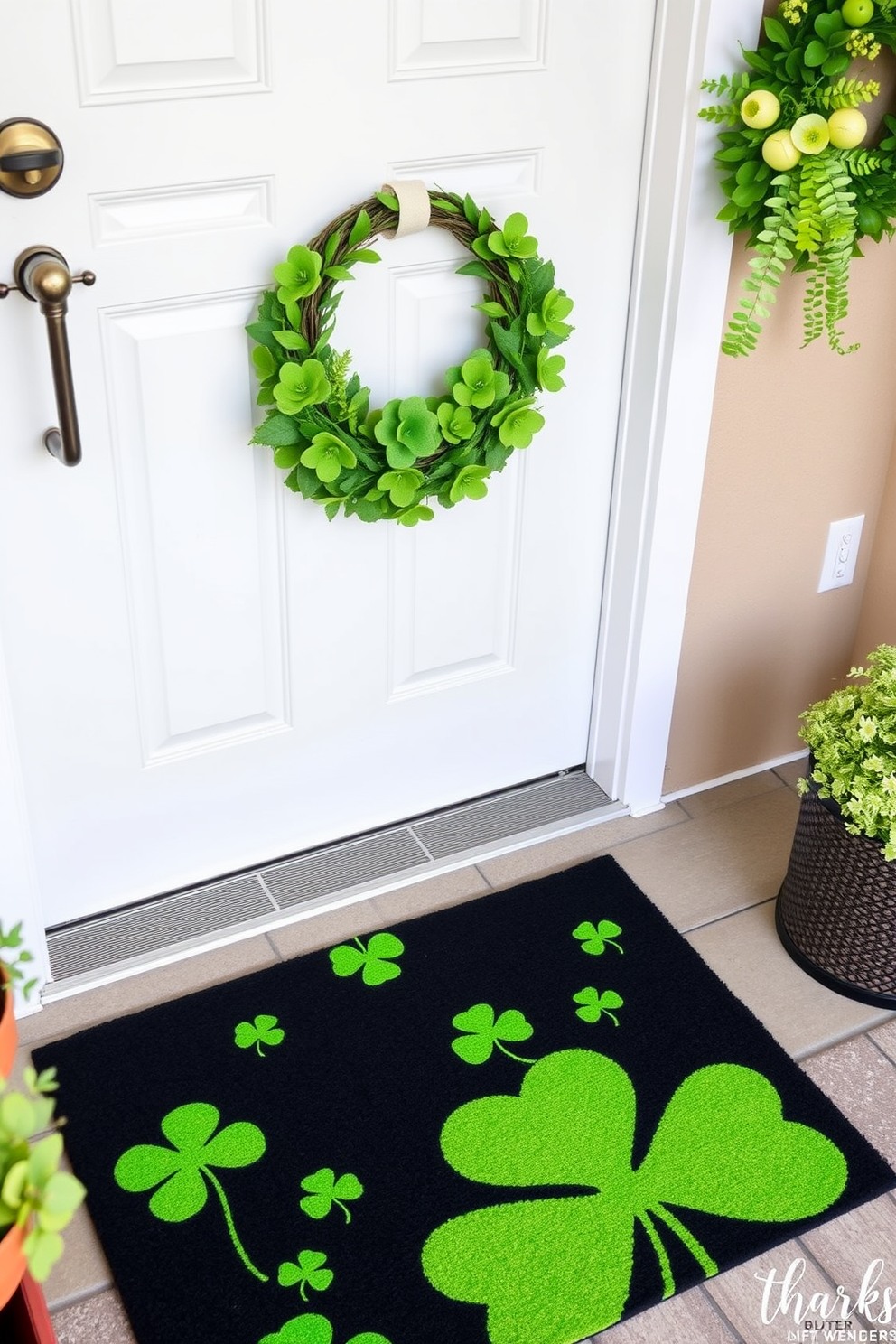 A decorative door mat featuring vibrant green shamrocks welcomes guests at the front door. The mat is complemented by a cheerful wreath adorned with fresh greenery and festive accents to celebrate St. Patrick's Day.