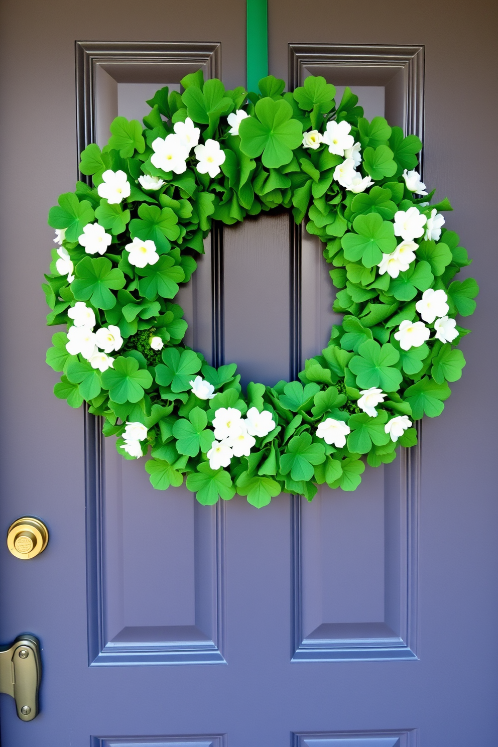 A festive front door adorned for St. Patrick's Day features a vibrant green wreath made of faux shamrocks and white flowers. Gold coins are scattered artfully around the doorframe, adding a playful touch to the holiday decor.