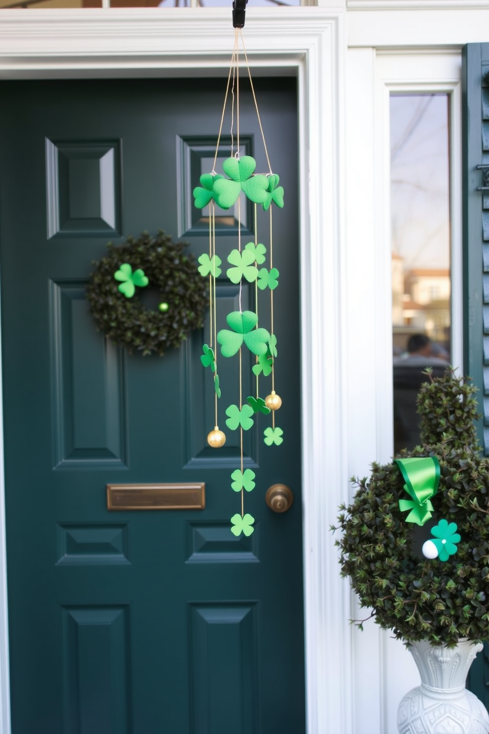 A charming front door adorned with St. Patrick's Day themed stickers featuring vibrant green shamrocks and playful leprechauns. The door is framed with a festive wreath made of greenery and gold accents, welcoming guests with a touch of holiday cheer.