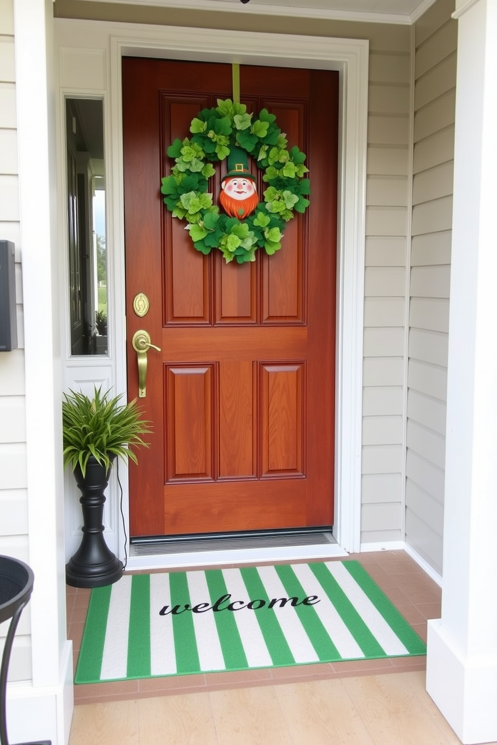 A cheerful front entryway features a green and white striped welcome mat that adds a festive touch. The front door is adorned with St. Patrick's Day decorations, including a vibrant wreath made of shamrocks and a playful leprechaun figurine.