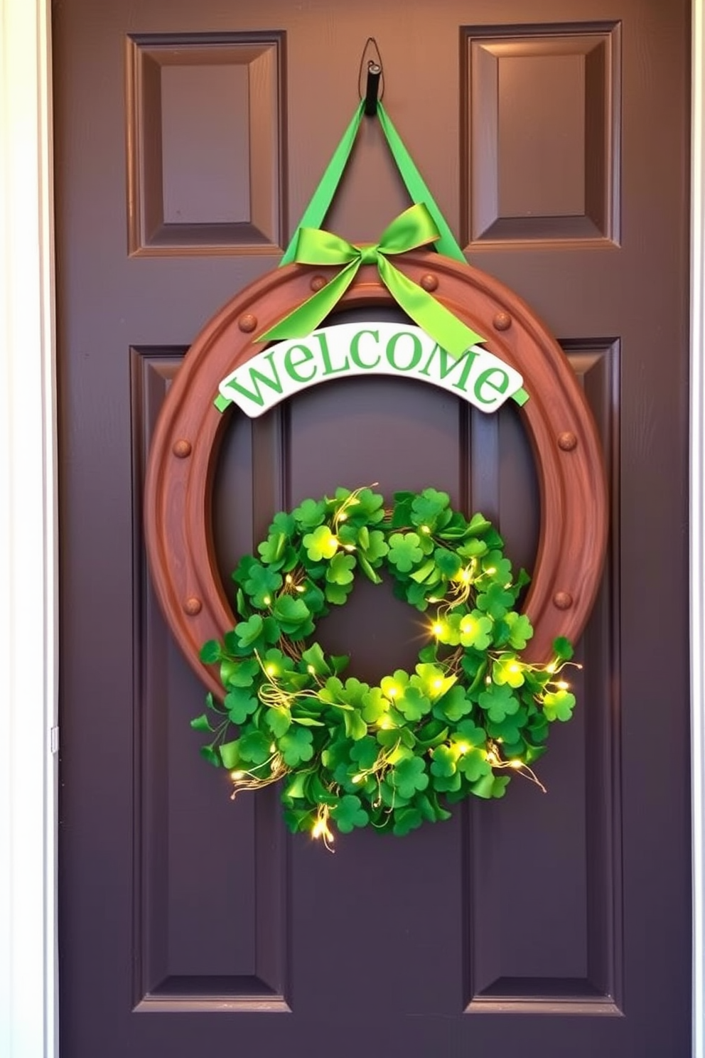 A horseshoe shaped door sign hangs on the front door welcoming guests with a festive charm. The sign is adorned with green ribbons and shamrocks, perfectly capturing the spirit of St. Patrick's Day. The front door is decorated with a vibrant wreath made of faux clovers and gold accents. Fairy lights are woven through the greenery, adding a warm glow to the entrance.