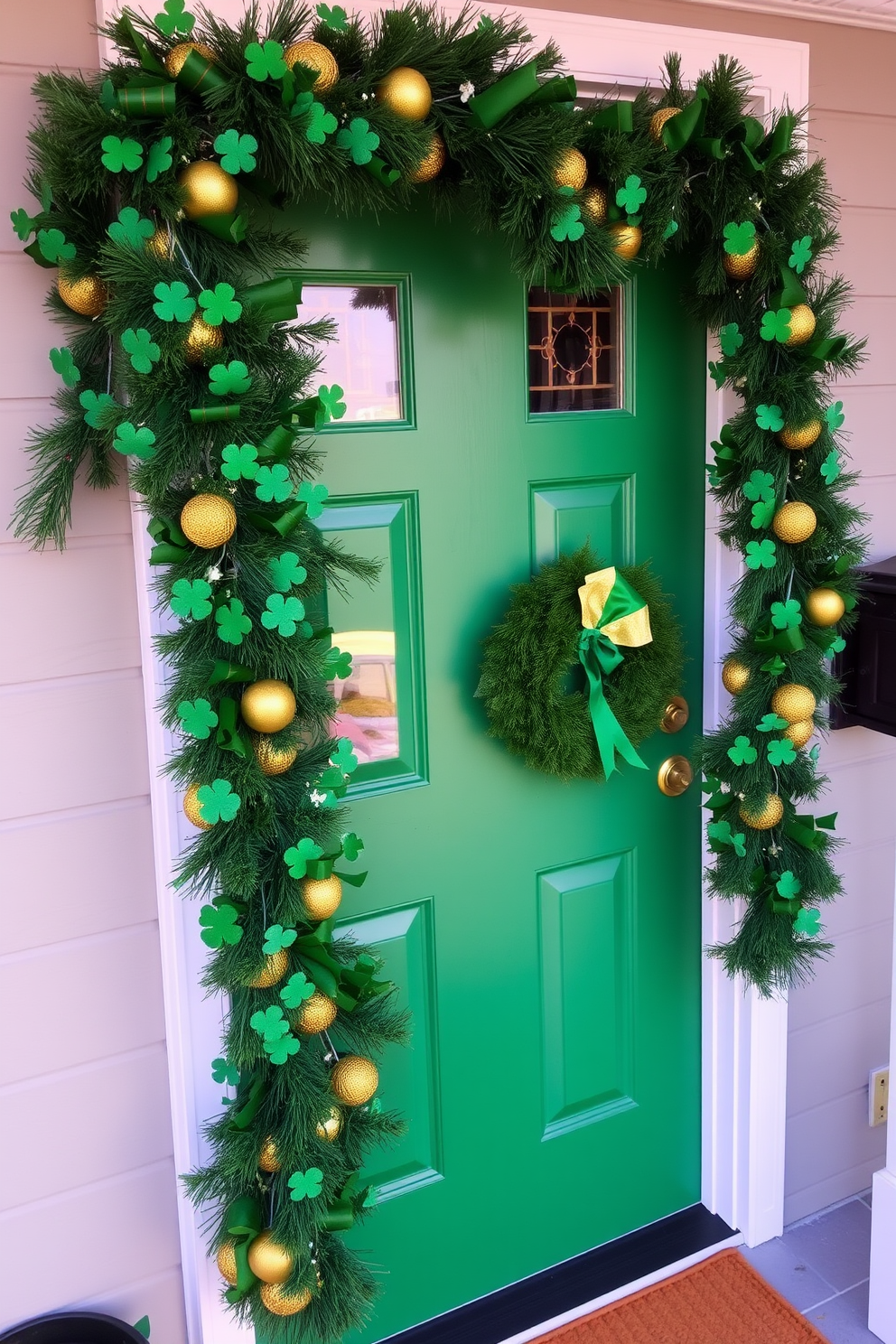 A charming front door adorned with a welcoming Irish blessing sign. The sign features elegant calligraphy and is surrounded by vibrant green wreaths and seasonal decorations for St. Patrick's Day.