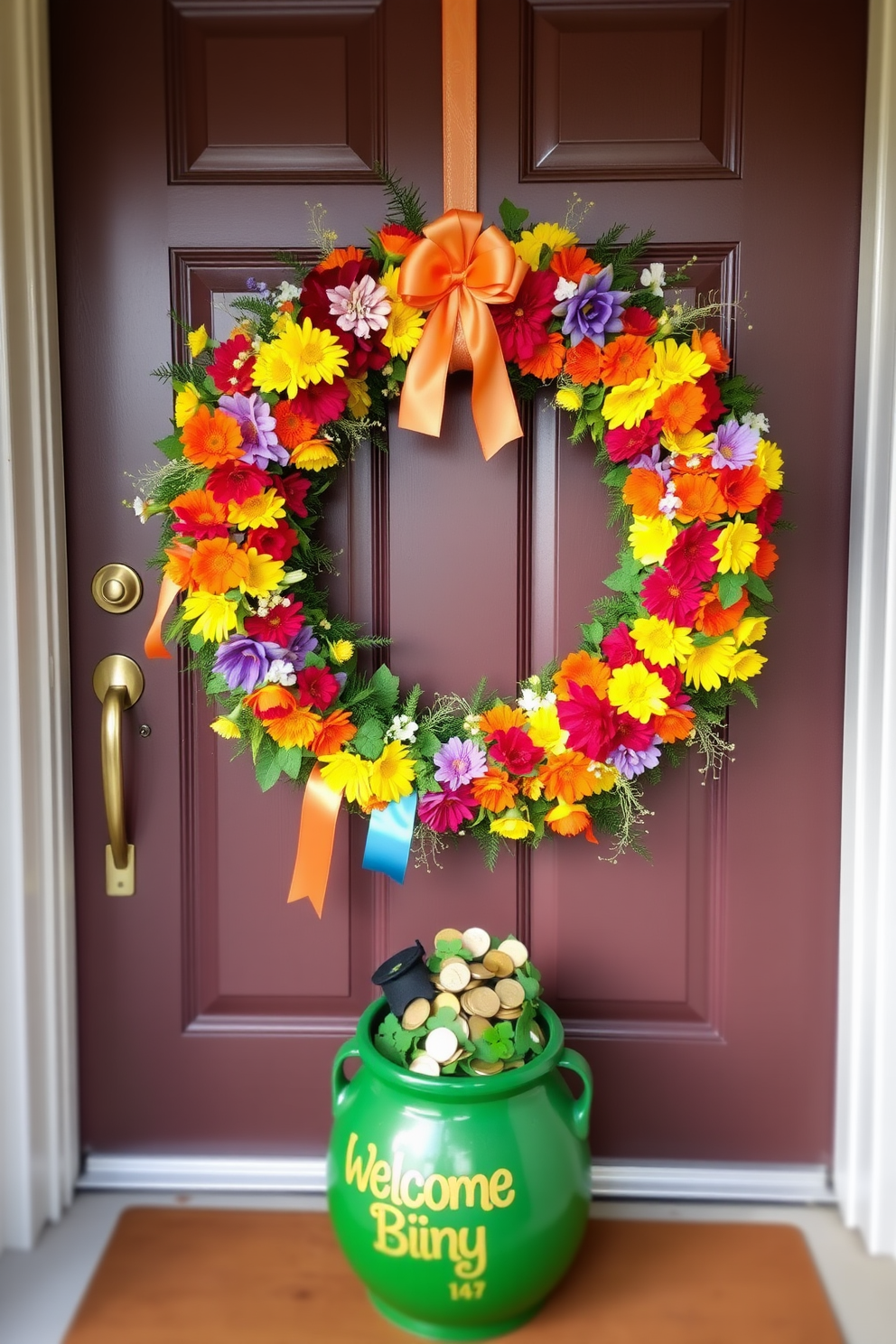 A vibrant front door adorned with a rainbow wreath made of colorful flowers and ribbons. Below the wreath, a charming pot of gold filled with faux coins and shamrocks sits on the welcome mat.