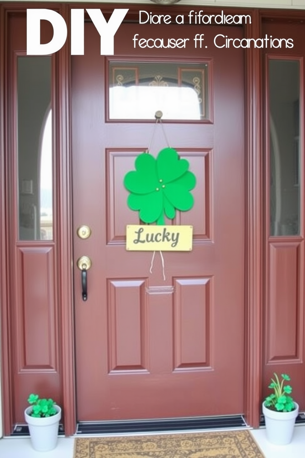 A charming DIY clover leaf door decoration welcomes guests to your home. The front door is adorned with a vibrant green clover leaf wreath made of felt and embellished with small golden accents for a festive touch. To enhance the St. Patrick's Day theme, hang a cheerful sign that reads Lucky and Place a few small potted shamrocks on either side of the door. The overall look is inviting and perfect for celebrating the holiday.