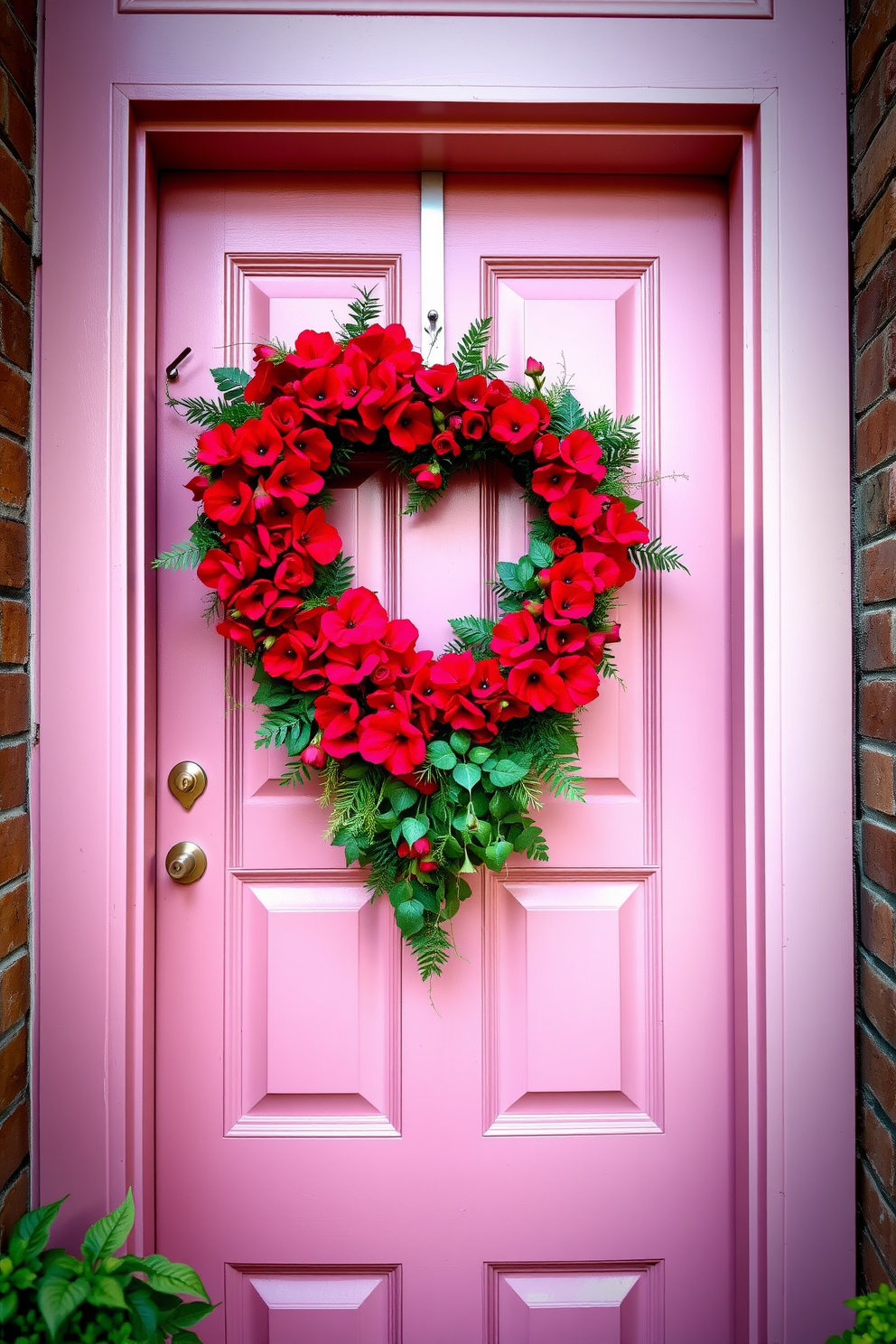 A charming front door adorned with a heart-shaped wreath made of vibrant pink flowers. The wreath is complemented by subtle greenery, creating a warm and inviting atmosphere for Valentine's Day celebrations.