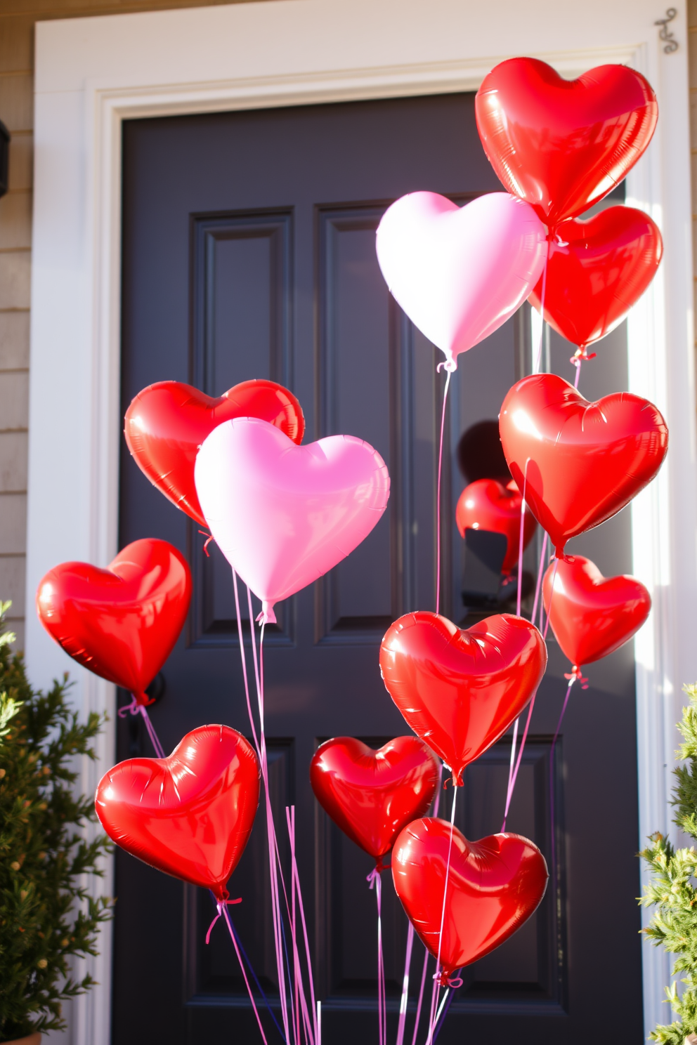 Heart-shaped balloons in vibrant red and pink colors are tied to the front door, creating a festive and inviting atmosphere. The balloons sway gently in the breeze, adding a playful touch to the Valentine's Day decorations.