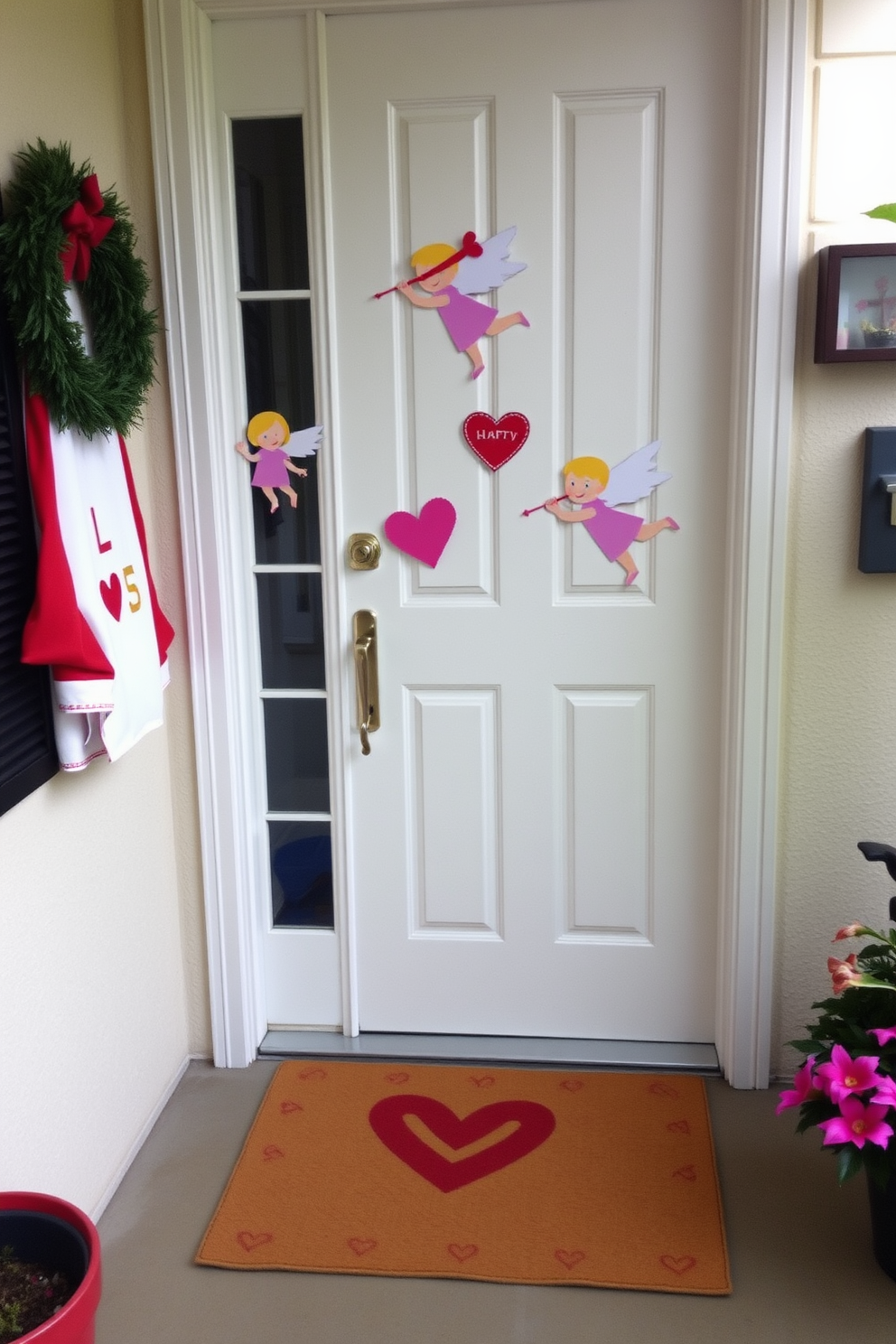 A charming front door adorned with whimsical cupid cutouts creates a festive Valentine's Day atmosphere. The cutouts are crafted from colorful cardstock and feature playful designs, adding a touch of romance to the entrance.