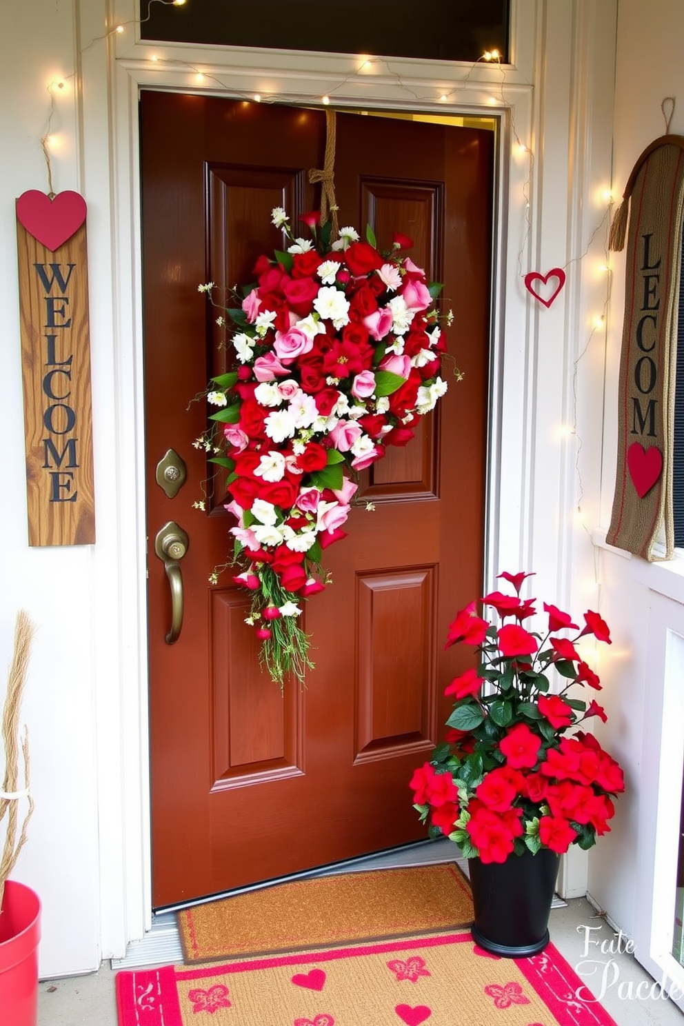 A charming front door adorned with a seasonal door swag featuring vibrant faux flowers in shades of pink, red, and white. The swag is elegantly draped over the door, complemented by a rustic wooden welcome sign hanging nearby. For Valentine's Day, the entrance is enhanced with heart-shaped decorations and soft fairy lights that create a warm and inviting atmosphere. A small potted plant with red blooms sits on the doorstep, adding a touch of natural beauty to the festive decor.