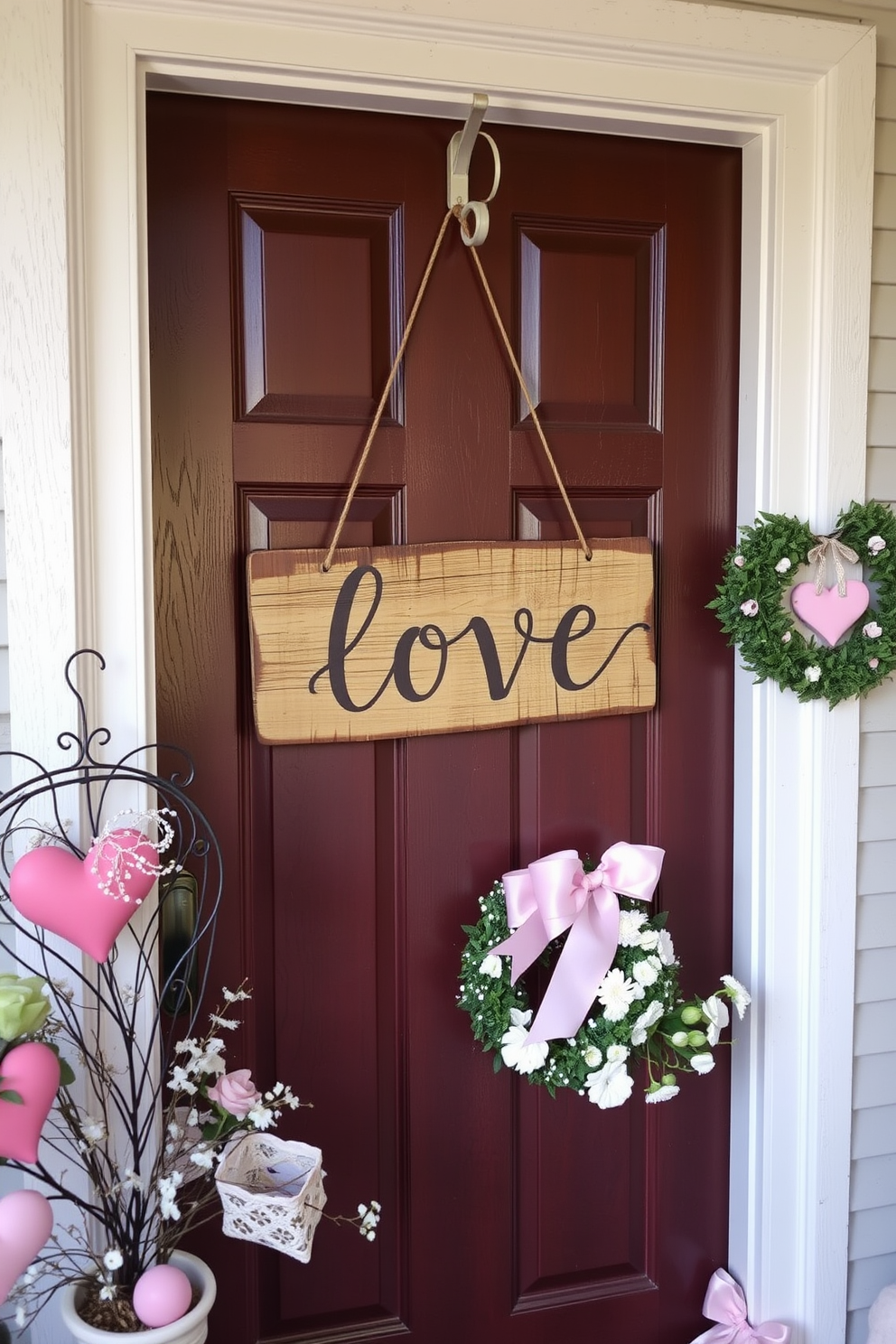 A rustic wooden door sign hangs warmly on the front door, adorned with the word love in elegant lettering. Surrounding the sign are charming decorations for Valentine's Day, including heart-shaped wreaths and soft pastel accents.