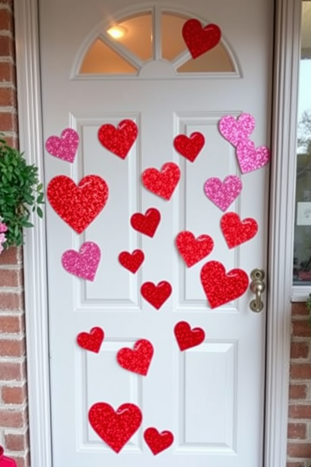 A charming front door adorned with glittery heart door decals in vibrant red and pink hues. The decorations create a festive atmosphere, welcoming guests with a playful touch for Valentine's Day.