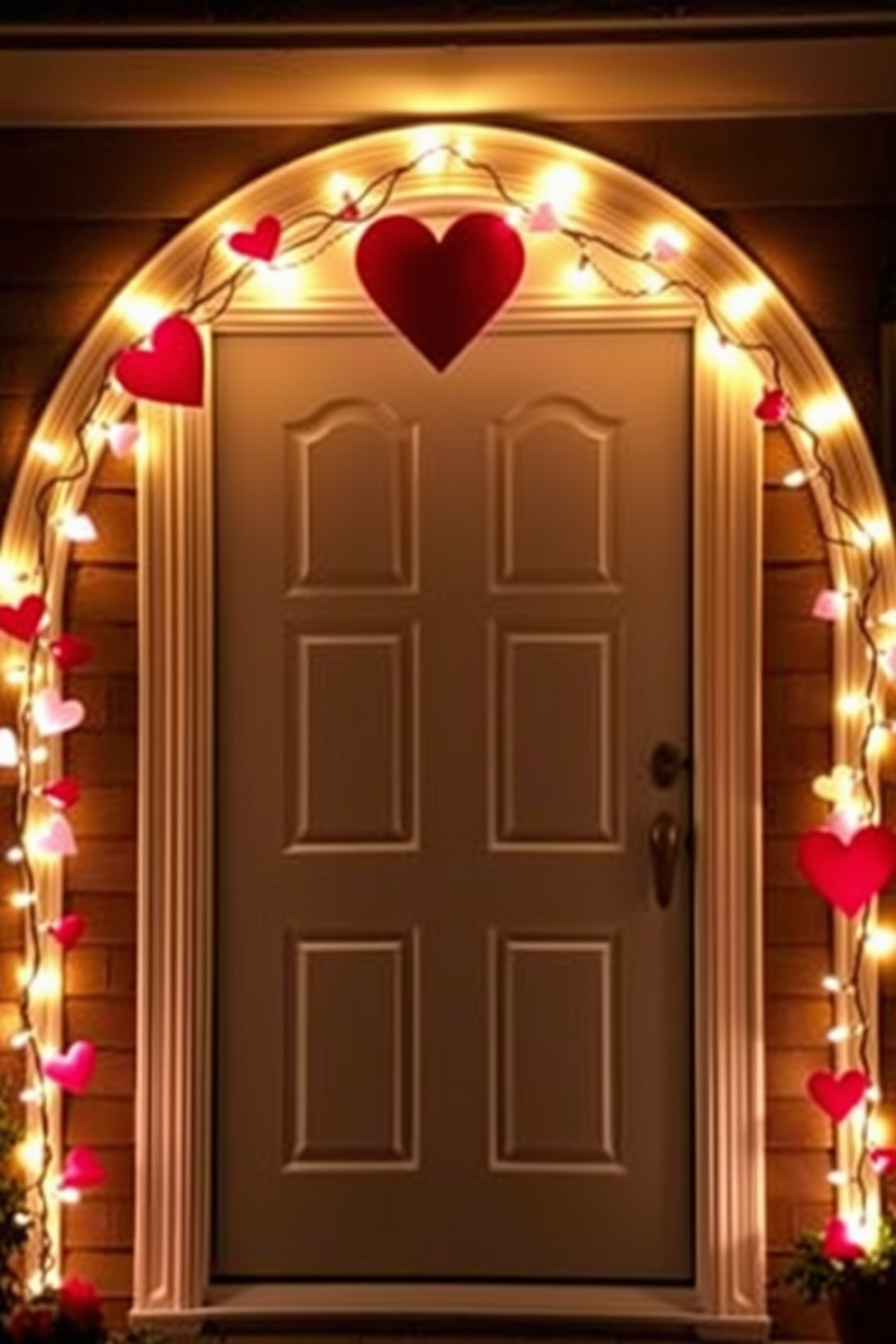 A charming front door adorned with string lights gracefully wrapped around the door frame. The warm glow of the lights creates a festive atmosphere, enhanced by heart-shaped decorations in shades of red and pink.