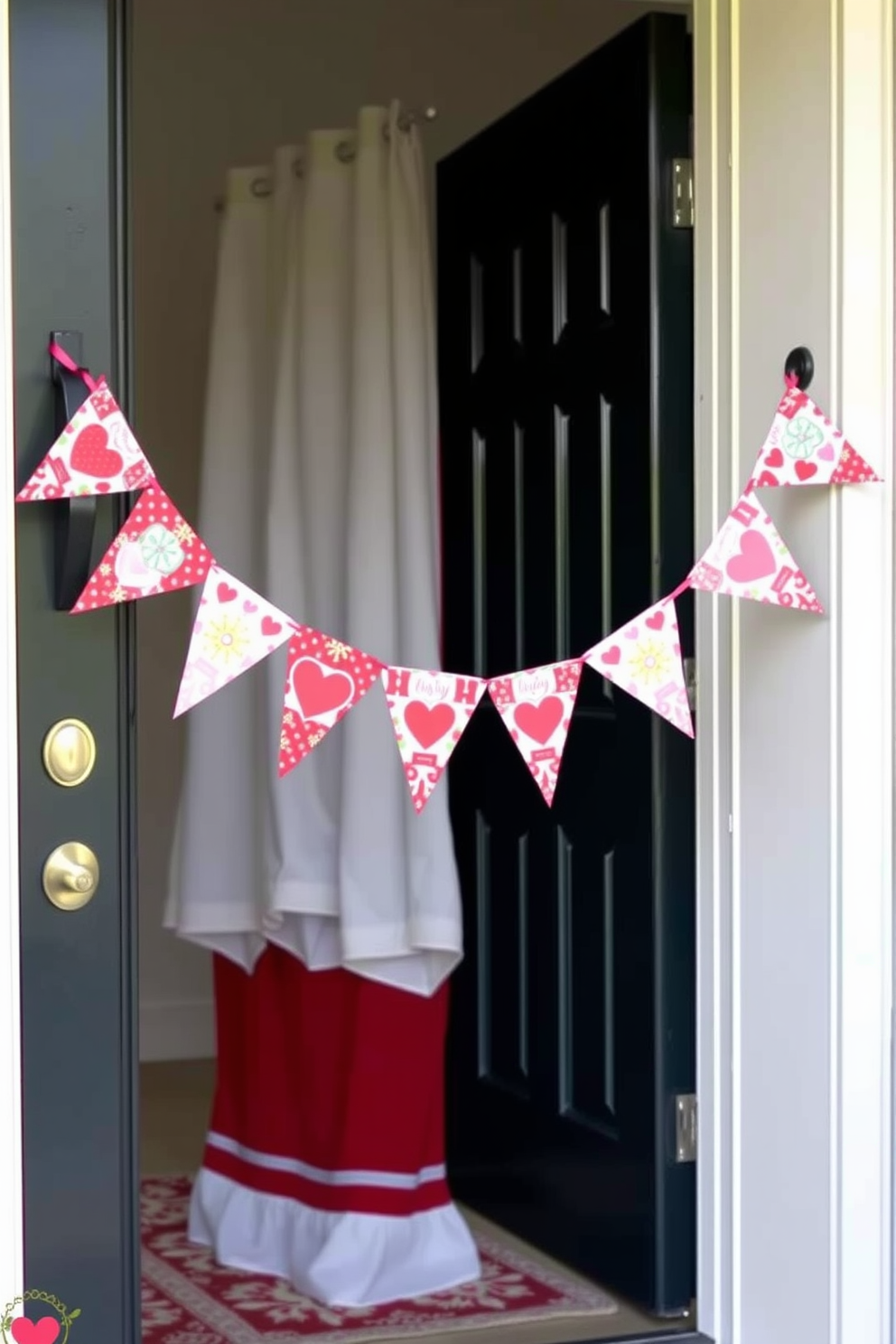 A charming front door adorned with fabric bunting featuring colorful Valentine motifs. The bunting gracefully drapes across the doorway, creating a warm and inviting atmosphere for the holiday.