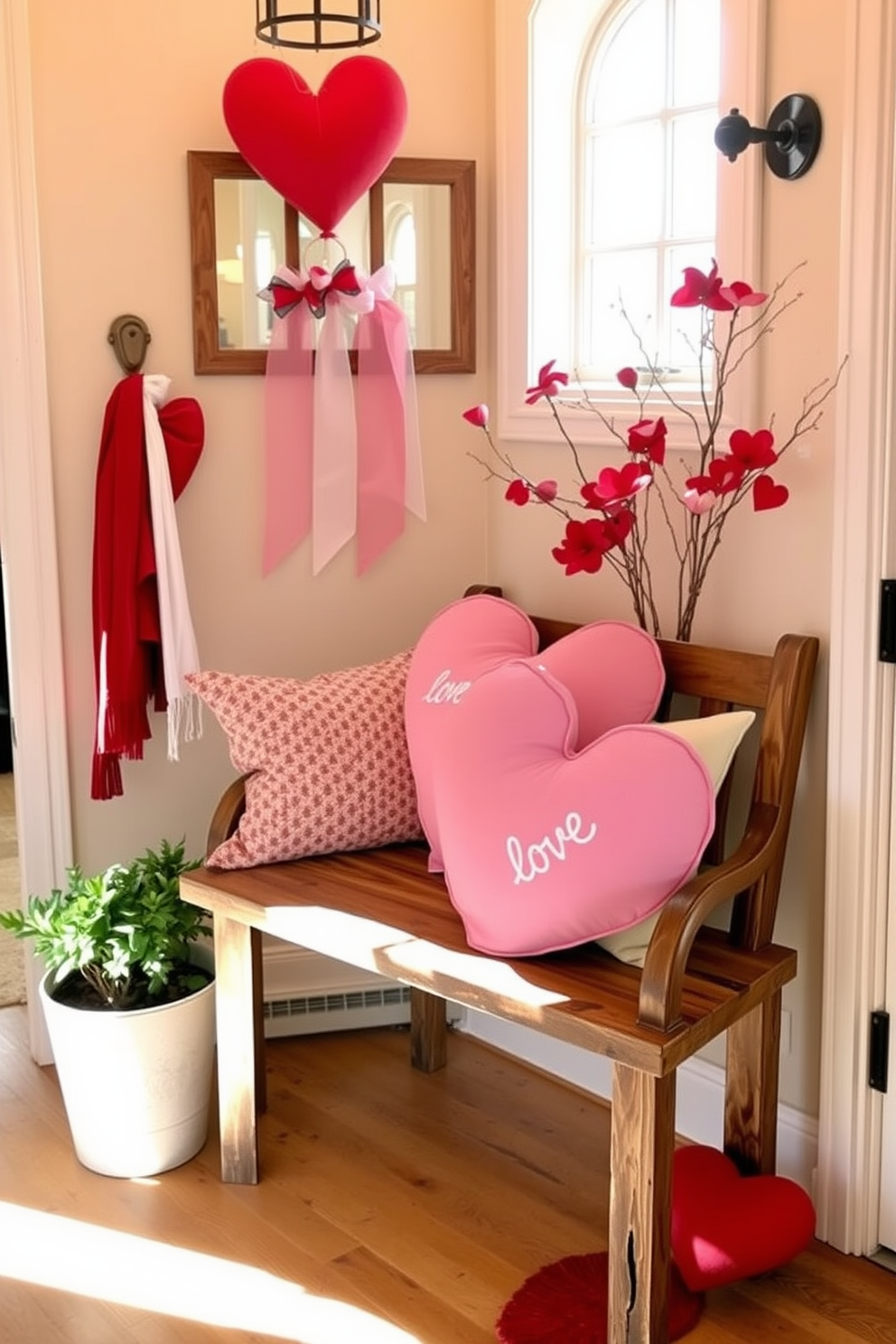 A charming entryway adorned for Valentine's Day. A large pink heart pillow rests on a rustic wooden bench, inviting warmth and love.