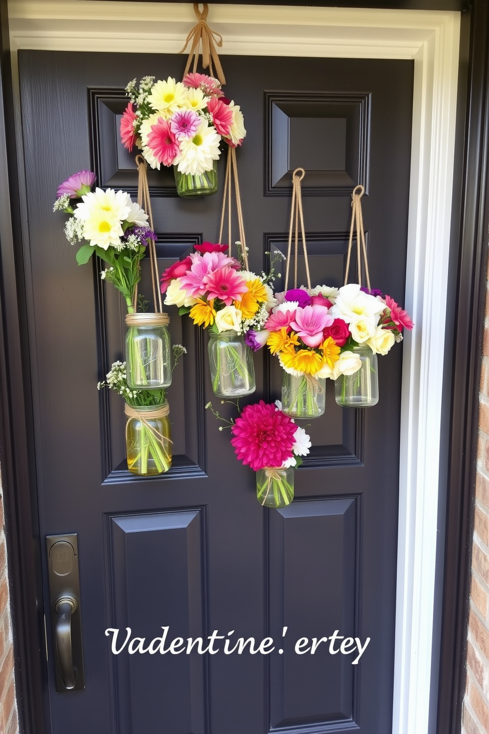 A charming front door adorned with a collection of hanging mason jars filled with vibrant flowers. Each jar is creatively tied with twine and features a mix of seasonal blooms, adding a festive touch for Valentine's Day.