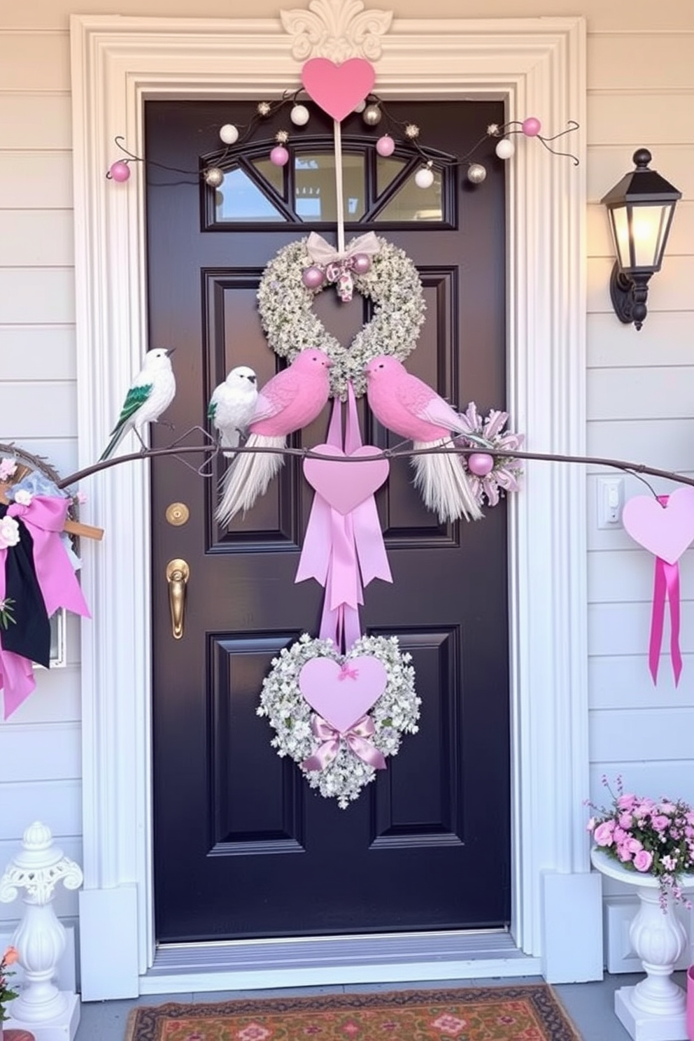 Charming lovebirds perched on a beautifully crafted door frame. The front door is adorned with festive Valentine's Day decorations, featuring heart-shaped wreaths and soft pastel colors.