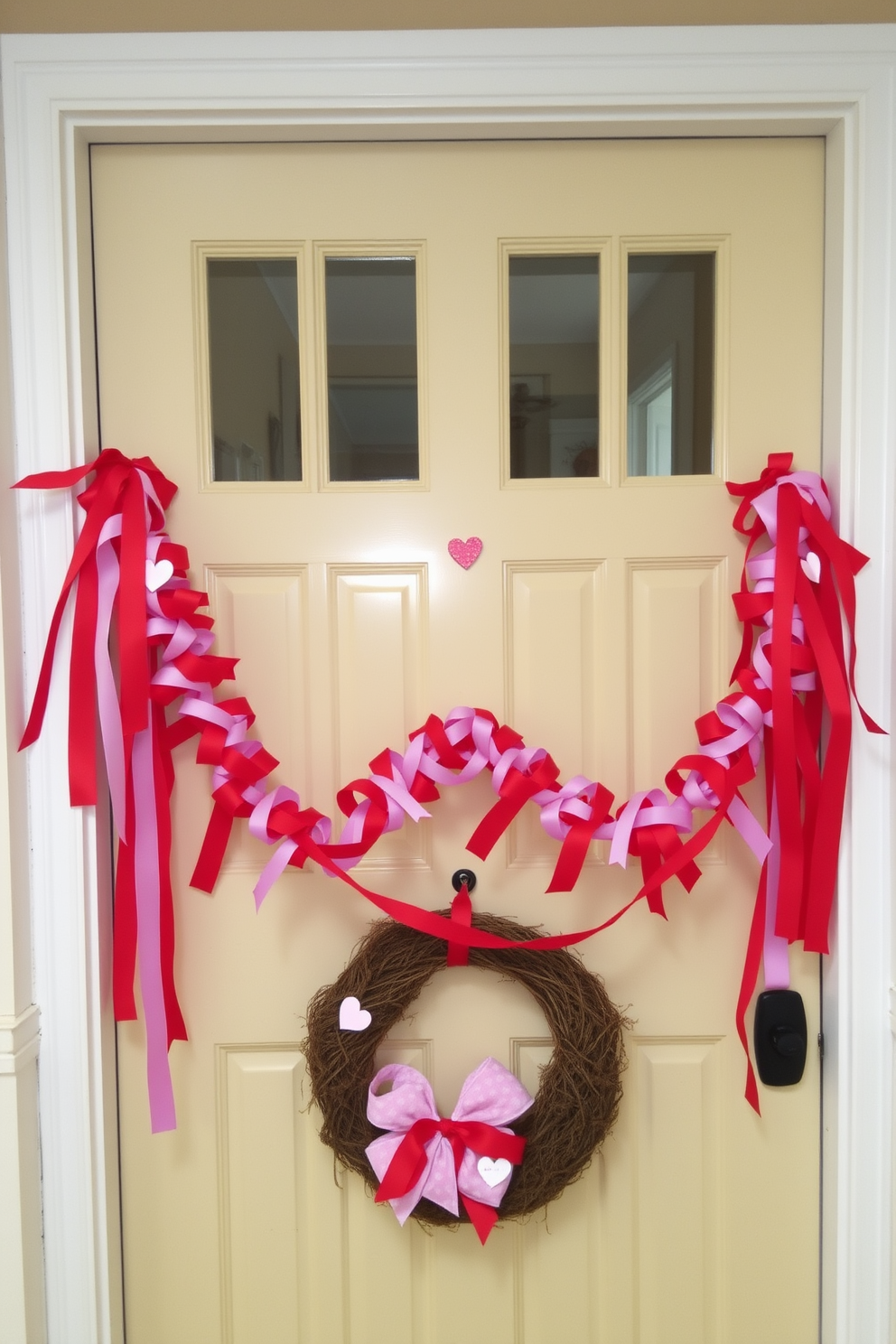 A charming front door adorned with a hanging felt heart garland in various shades of red and pink. The door is painted a soft white, creating a warm and inviting atmosphere for Valentine's Day celebrations.