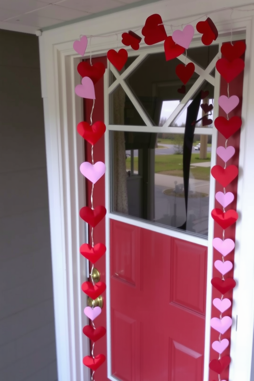 A charming decorative heart garland drapes gracefully across the top of the front door. The garland features an array of red and pink hearts in various sizes, creating a festive and inviting atmosphere for Valentine's Day.