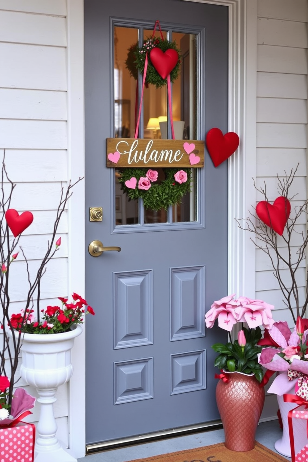 A charming front door adorned with a personalized name sign featuring delicate hearts. Surrounding the door, festive Valentine's Day decorations in shades of red and pink create a warm and inviting atmosphere.