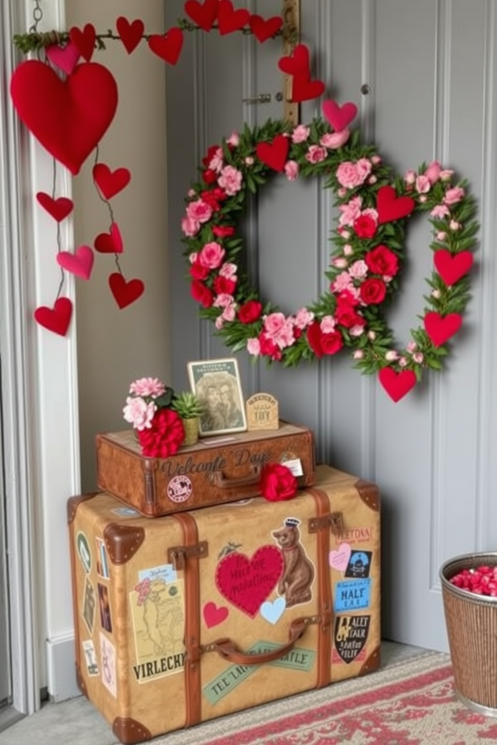 A vintage suitcase stacked with decor sits in the corner of a cozy entryway. The suitcase is adorned with travel stickers and filled with seasonal decorations, creating a warm and inviting atmosphere. For Valentine's Day, the front door is adorned with a beautiful wreath made of red and pink flowers. Heart-shaped garlands drape around the door frame, welcoming guests with festive charm.