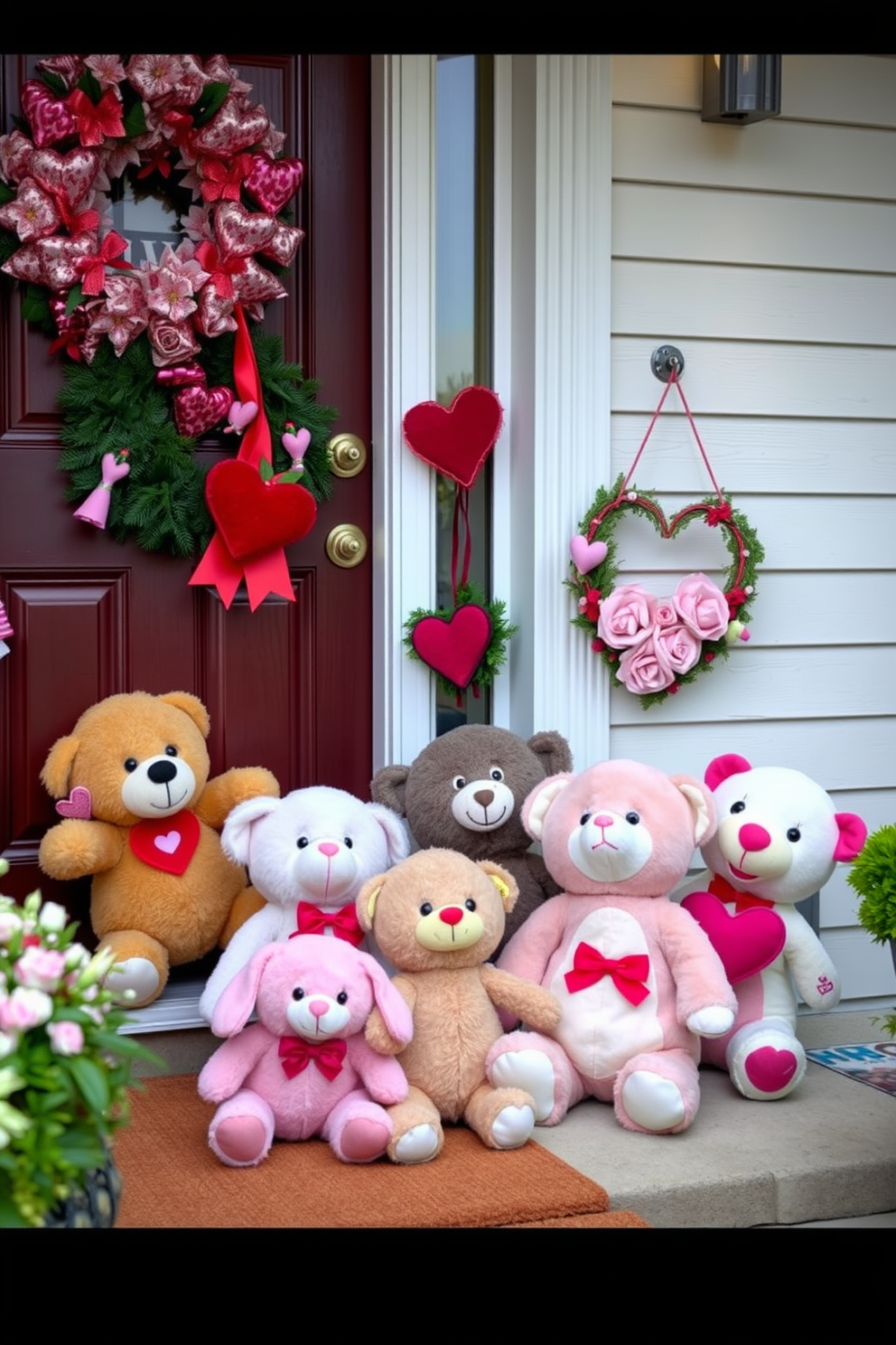 A charming front door adorned for Valentine's Day features a large teddy bear holding a vibrant heart decoration. The door is painted in a warm shade of red, surrounded by lush greenery and twinkling fairy lights.