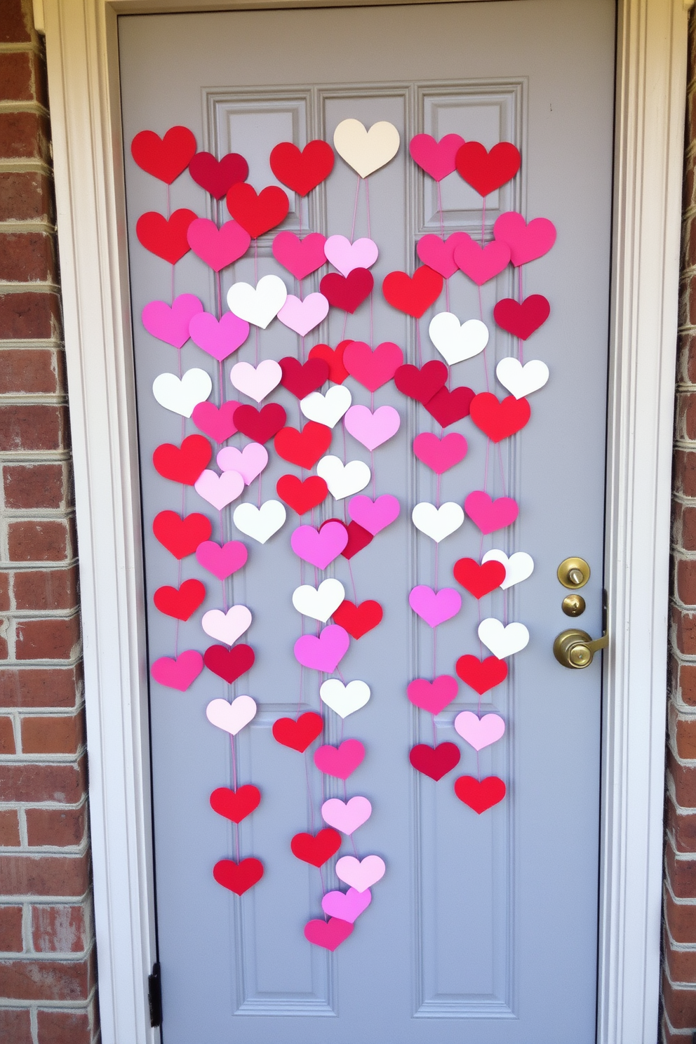 A whimsical front door adorned with colorful paper hearts cascading down. The hearts in various shades of red, pink, and white create a festive and inviting atmosphere for Valentine's Day.