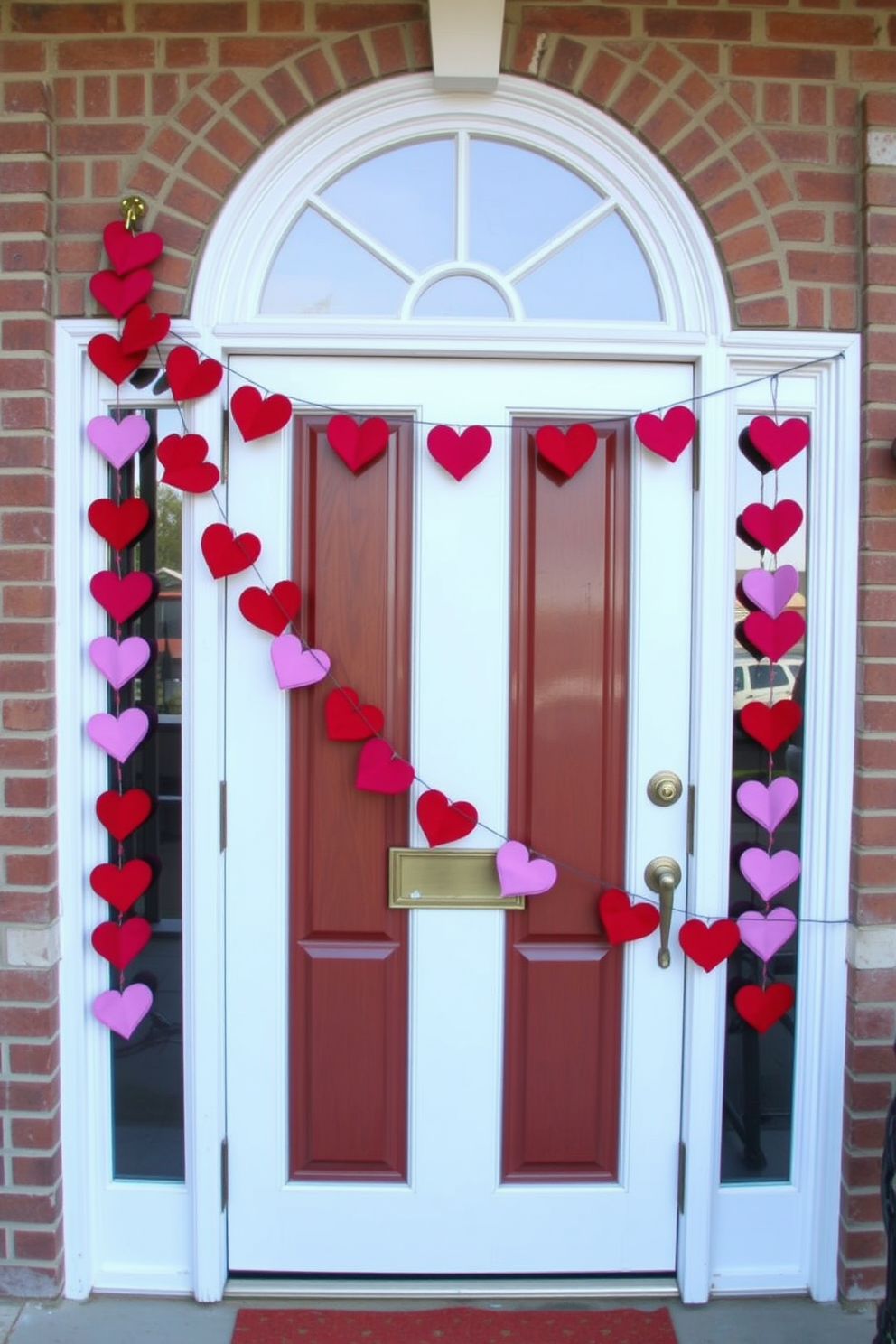 A charming front door adorned with a felt heart garland that gracefully drapes across the top. The vibrant hearts in shades of pink and red create a festive and inviting atmosphere for Valentine's Day.