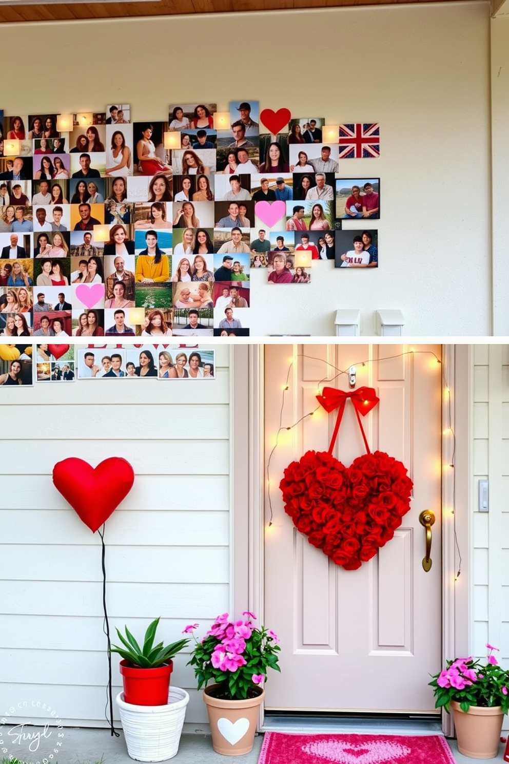 A charming front door adorned with a lace and ribbon heart garland creates a warm and inviting atmosphere for Valentine's Day. The garland features delicate lace hearts intertwined with vibrant ribbons, adding a touch of romance and elegance to the entrance.