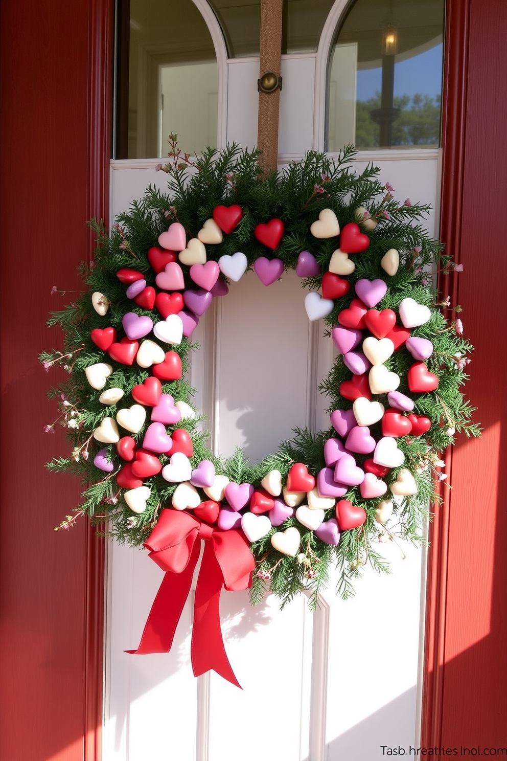 A charming mailbox overflowing with colorful love letters. The mailbox is adorned with heart-shaped decorations and surrounded by vibrant flowers, creating a warm and inviting atmosphere. A beautifully decorated front door for Valentine's Day. The door features a large heart wreath made of red and pink flowers, with twinkling fairy lights and a cheerful welcome sign.