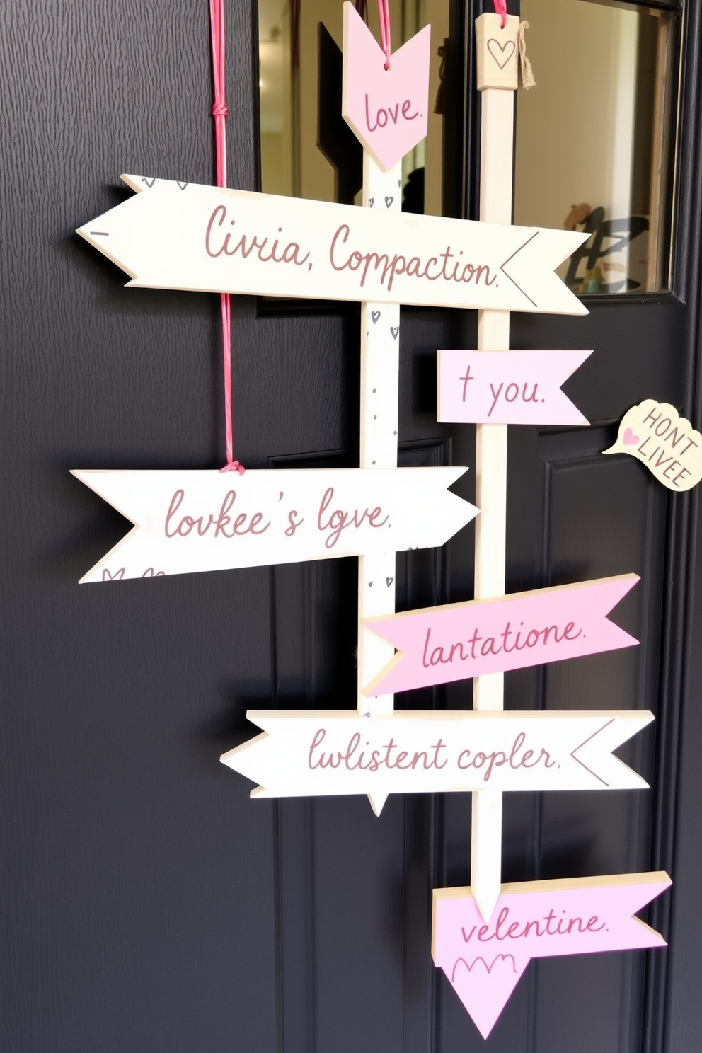 Create a charming front door display for Valentine's Day featuring hanging wooden arrows adorned with heartfelt love messages. The arrows should be painted in soft pastel colors and arranged in an eye-catching way to welcome guests with a warm and romantic vibe.