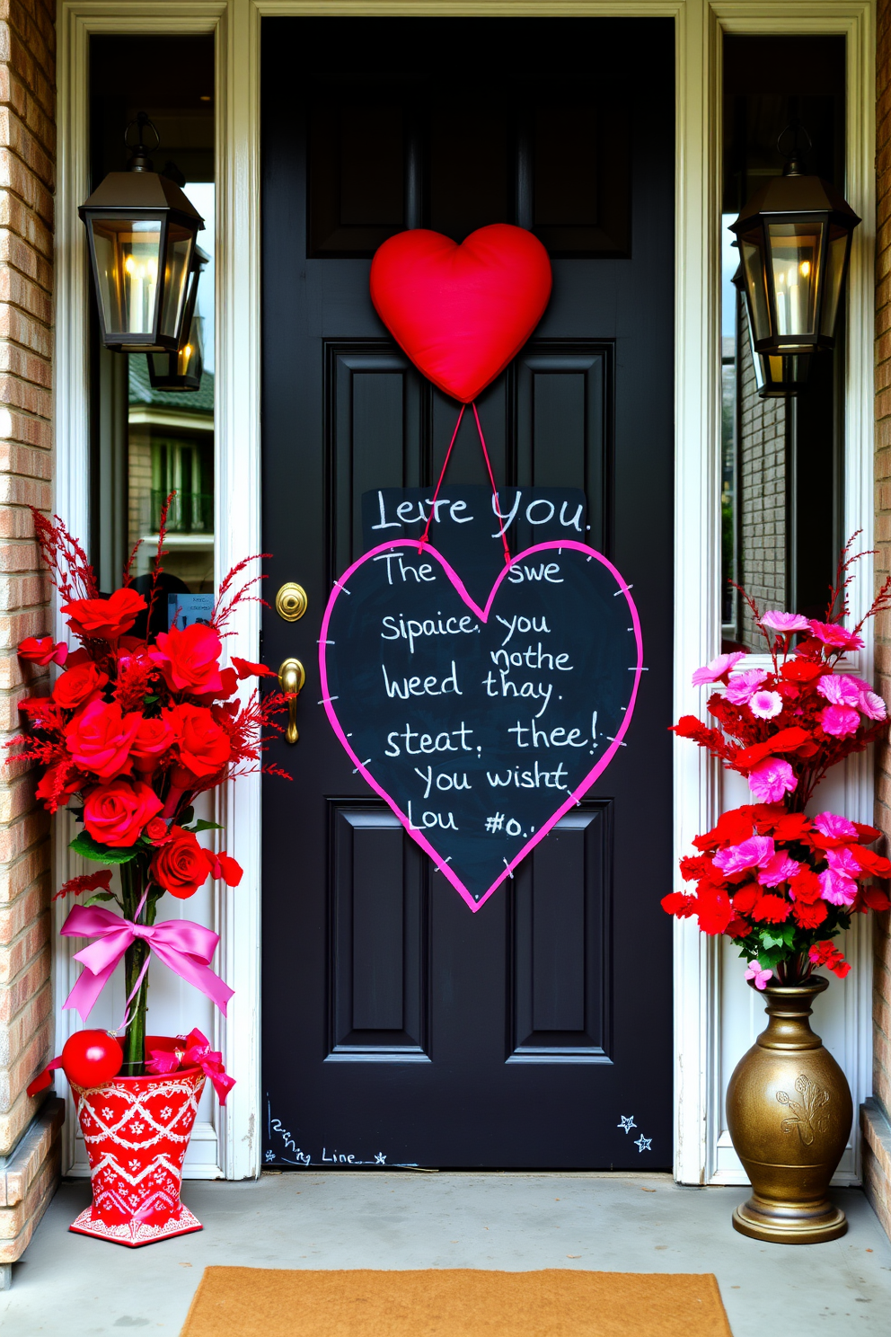 Create a charming front door display for Valentine's Day featuring seasonal door flags with love themes. Incorporate vibrant colors and heart motifs to evoke a festive and romantic atmosphere.