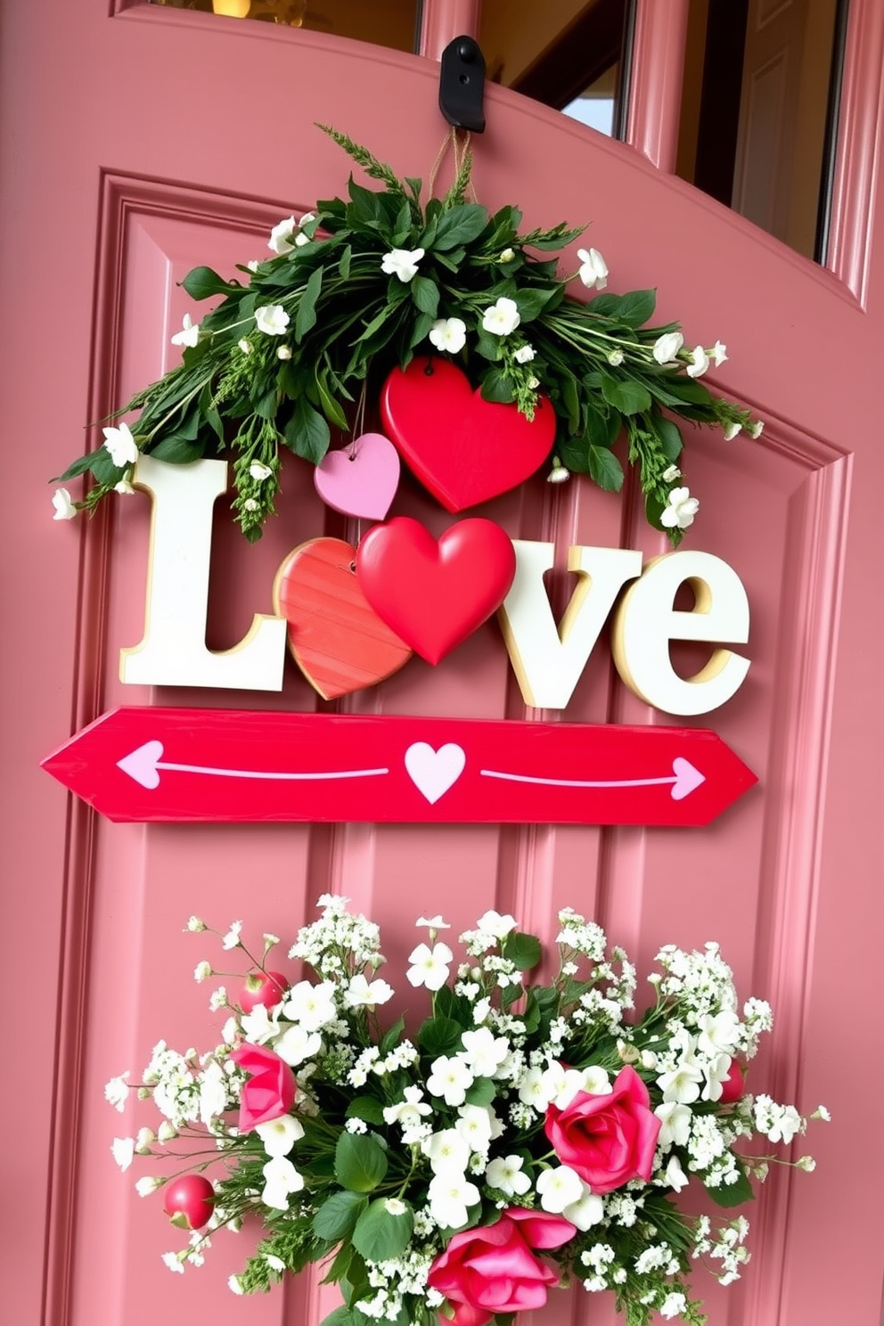 A charming front door adorned with a large red and white striped ribbon bow tied elegantly at the center. The door is painted a soft pastel color, and the surrounding area is decorated with seasonal Valentine's Day accents like heart-shaped wreaths and potted flowers.