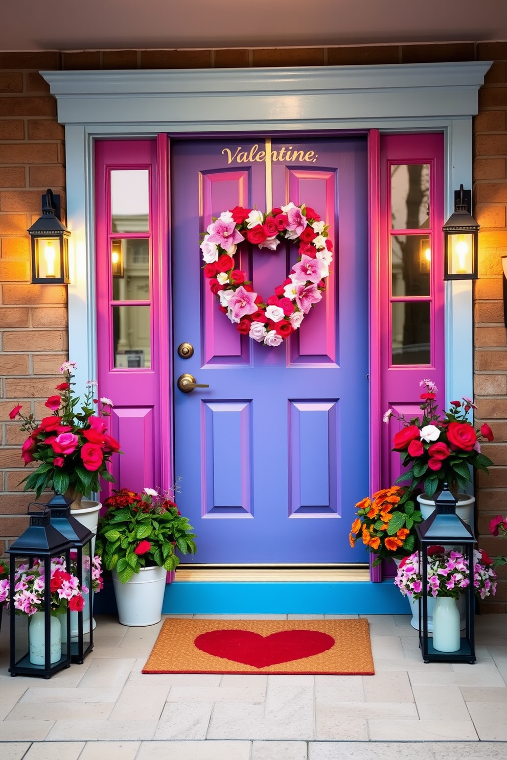 A brightly painted front door in vibrant Valentine colors welcomes guests with a cheerful and festive touch. The door is adorned with a heart-shaped wreath made of fresh flowers, adding a romantic flair to the entryway. Flanking the door are potted plants with colorful blooms that enhance the Valentine's Day theme. Soft lighting from lanterns on either side creates a warm and inviting atmosphere for the celebration.