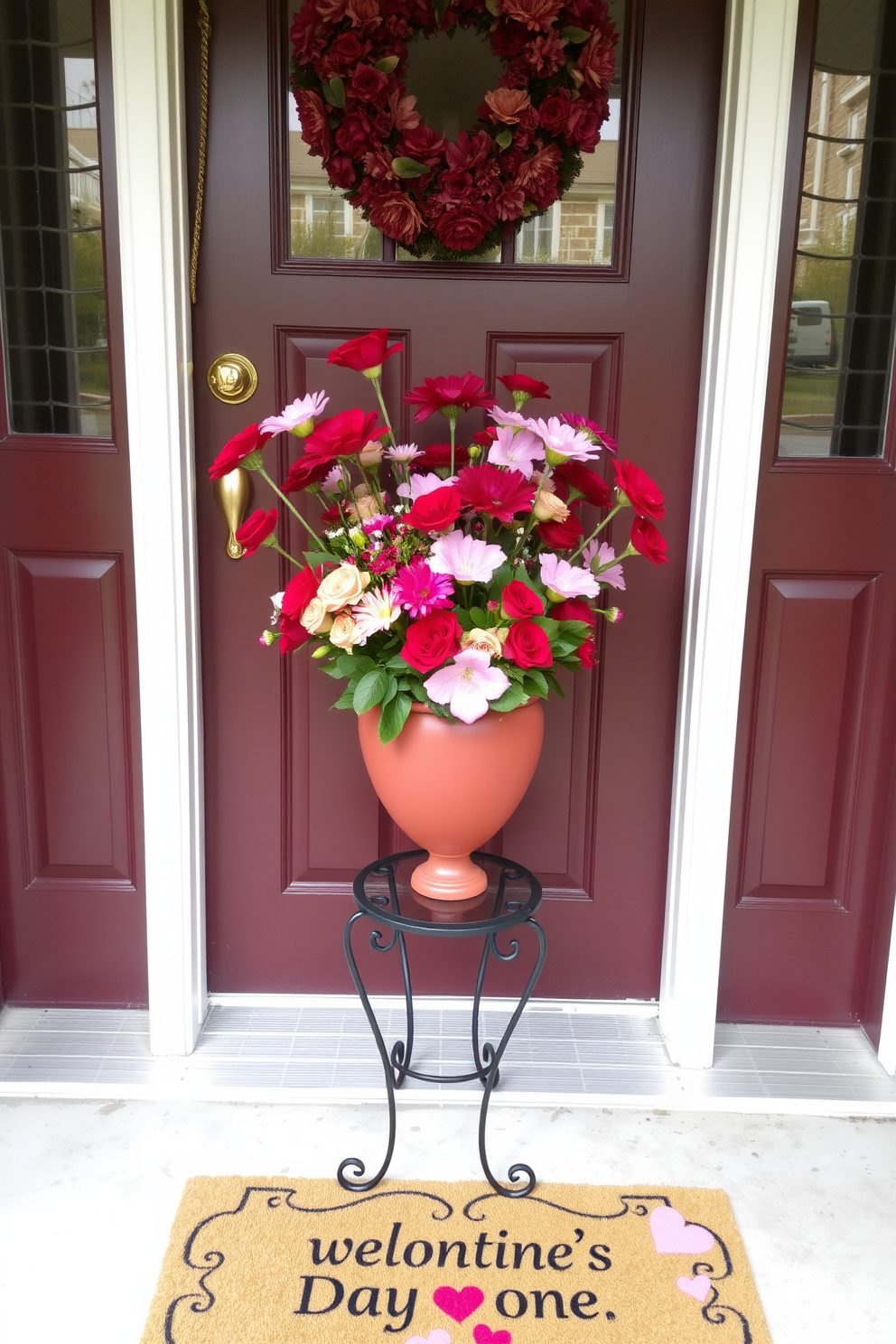 A charming front door adorned for Valentine's Day features a heart-shaped vase filled with an assortment of vibrant flowers in shades of red and pink. The vase is placed on a small table beside the door, complemented by a welcome mat with a romantic design and decorative heart accents.